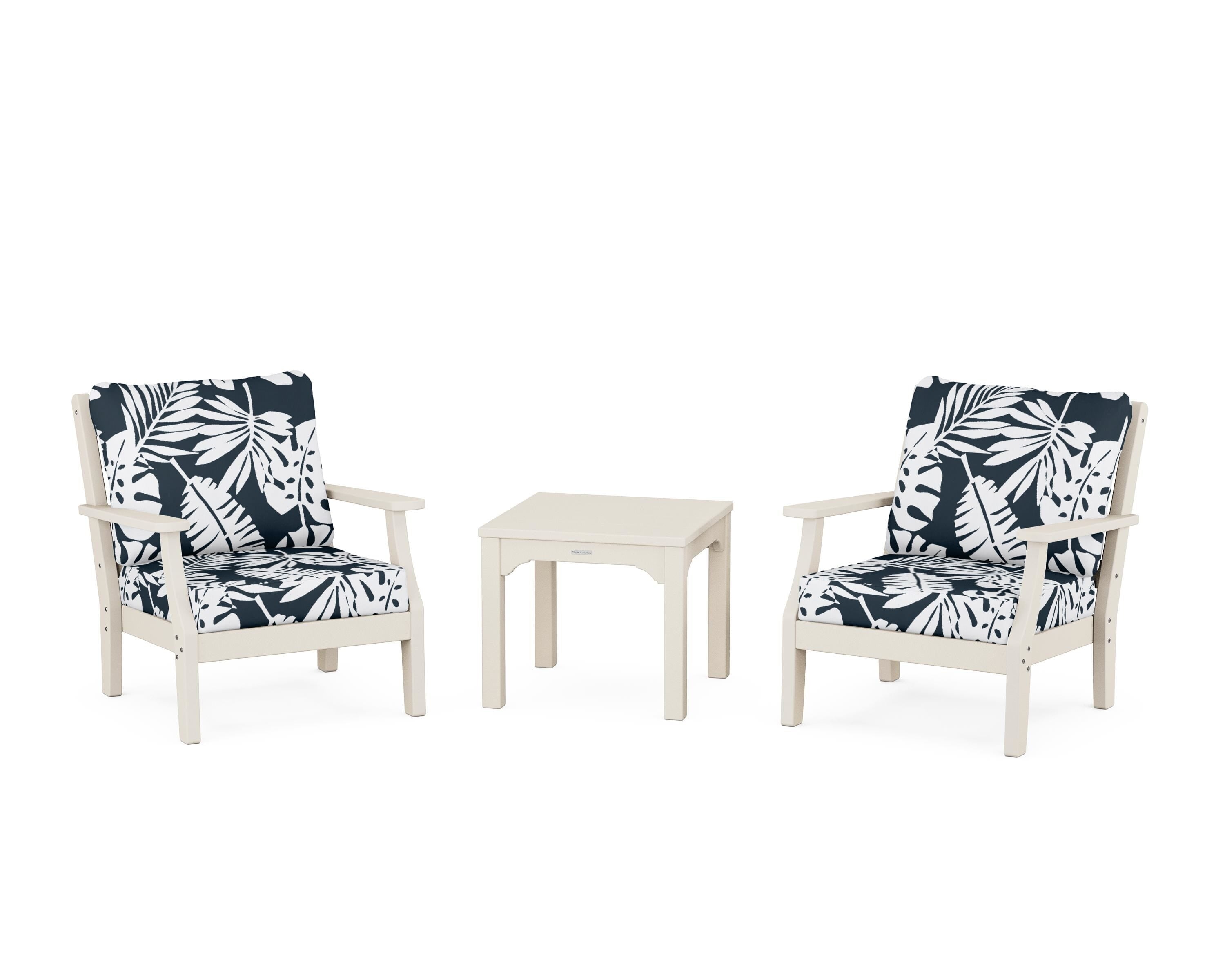 Martha Stewart by POLYWOOD® Chinoiserie 3-Piece Deep Seating Set in Sand / Leaf Marine Indigo