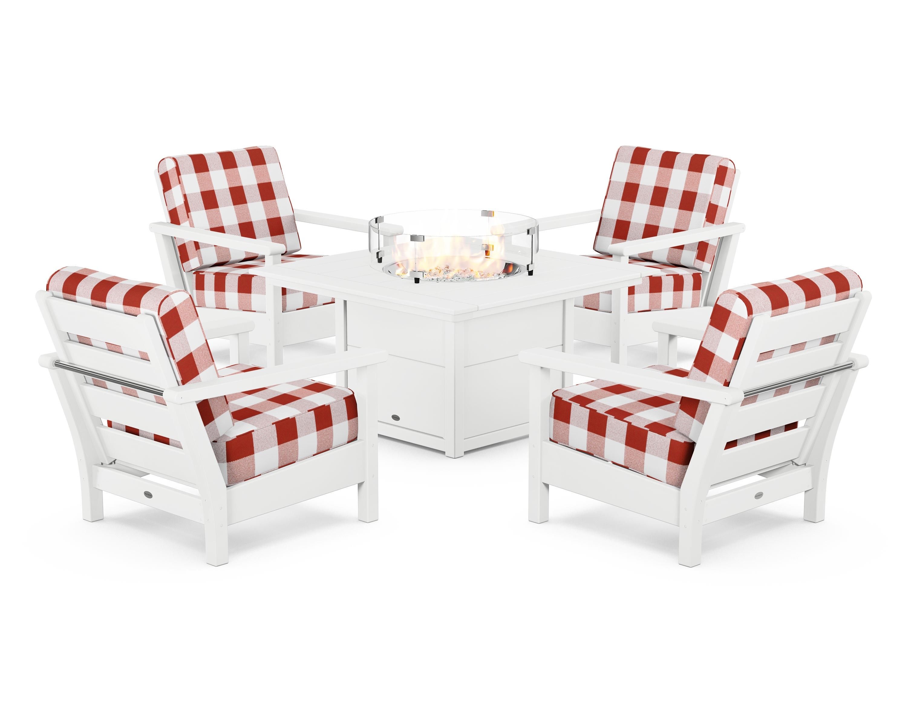 POLYWOOD® Harbour 5-Piece Conversation Set with Fire Pit Table in White / Buffalo Plaid Crimson