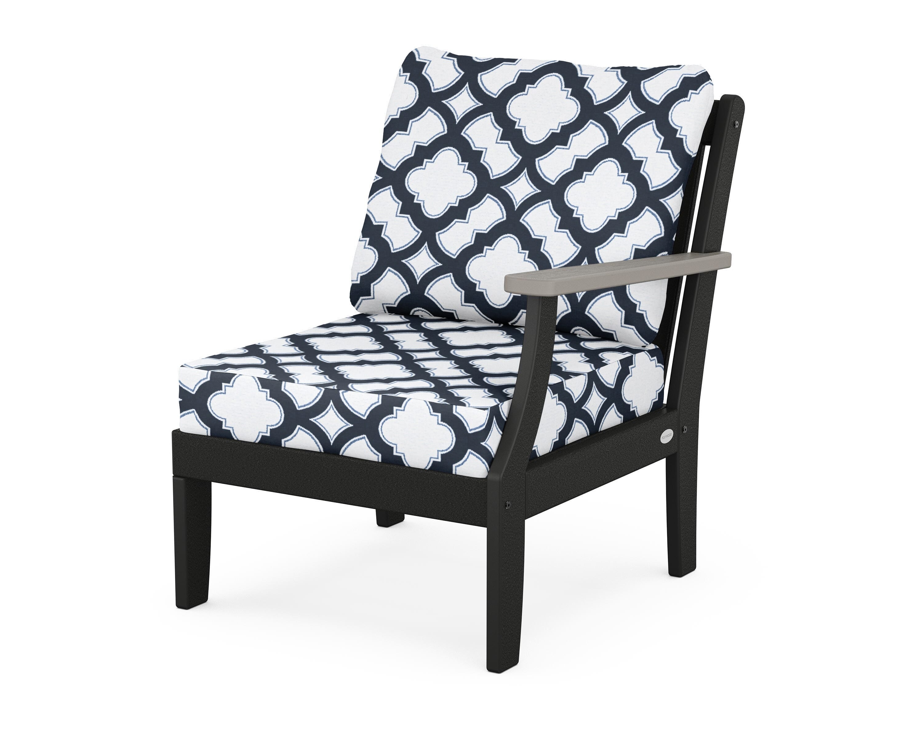 POLYWOOD® Braxton Modular Right Arm Chair in Black / Driftwood / Trellis Marine Indigo