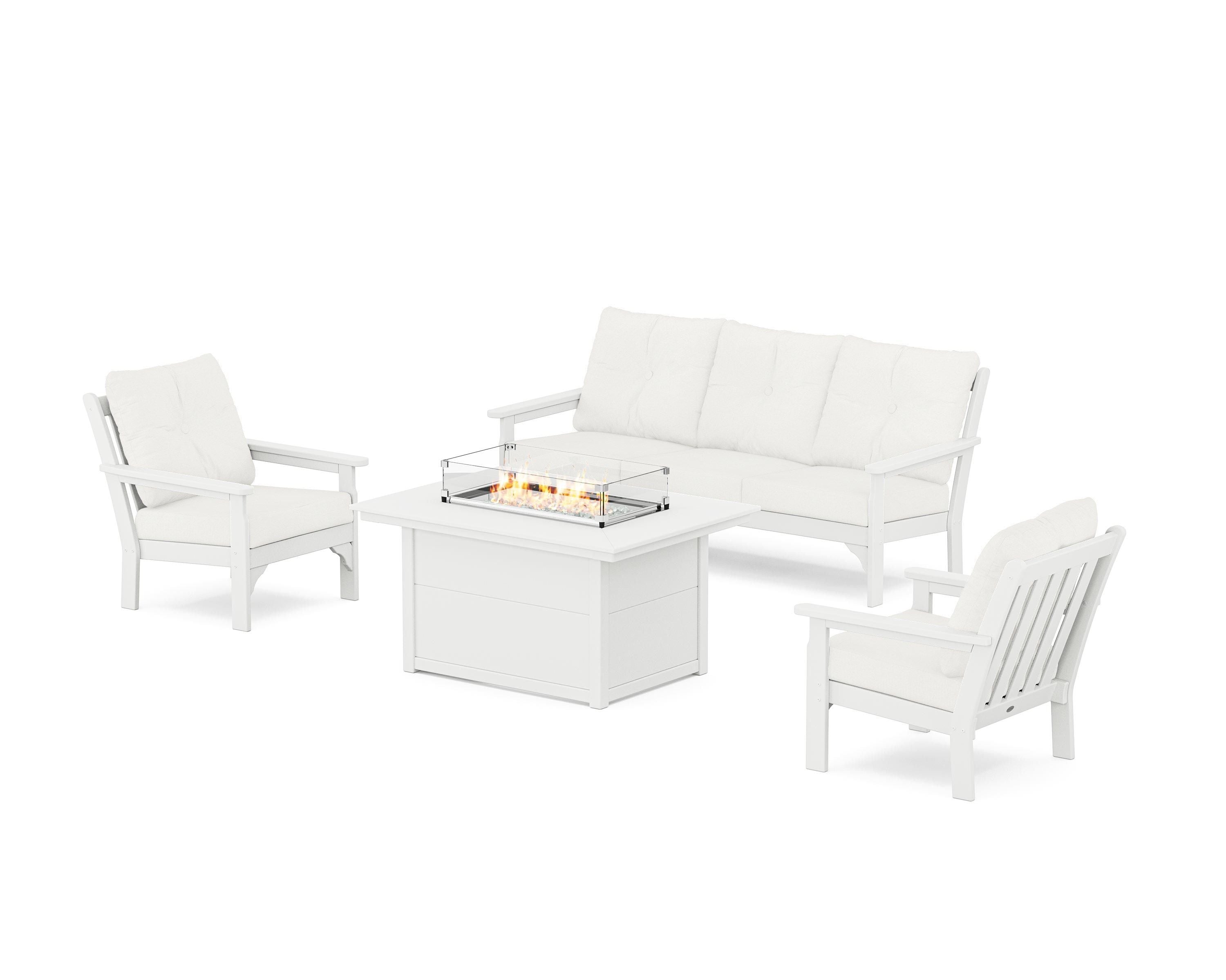 POLYWOOD® Vineyard Deep Seating Fire Pit Table Set in White / Natural Linen