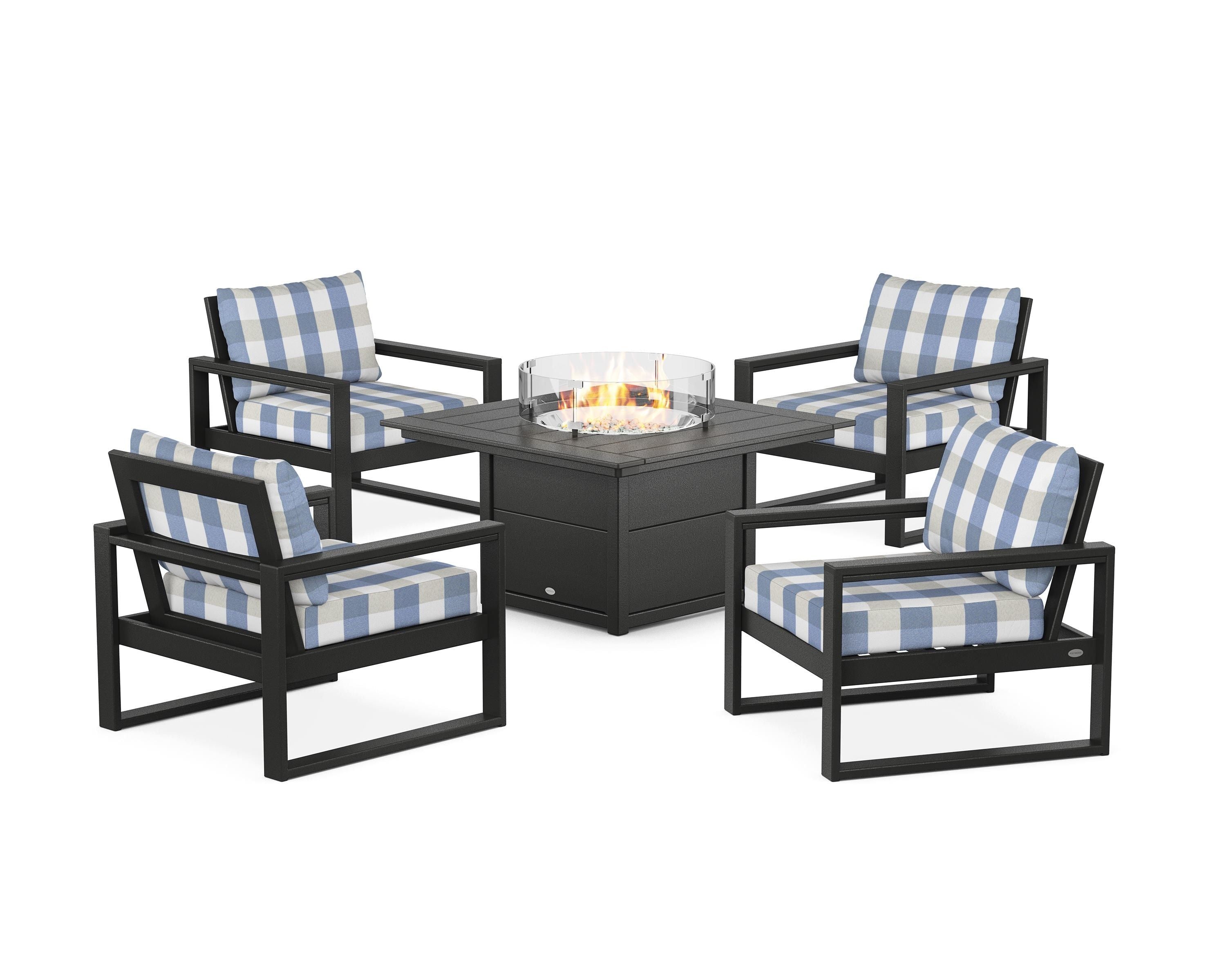 POLYWOOD® EDGE Sectional 5-Piece Deep Seating Set with Fire Pit Table in Black / Buffalo Plaid Sky Blue
