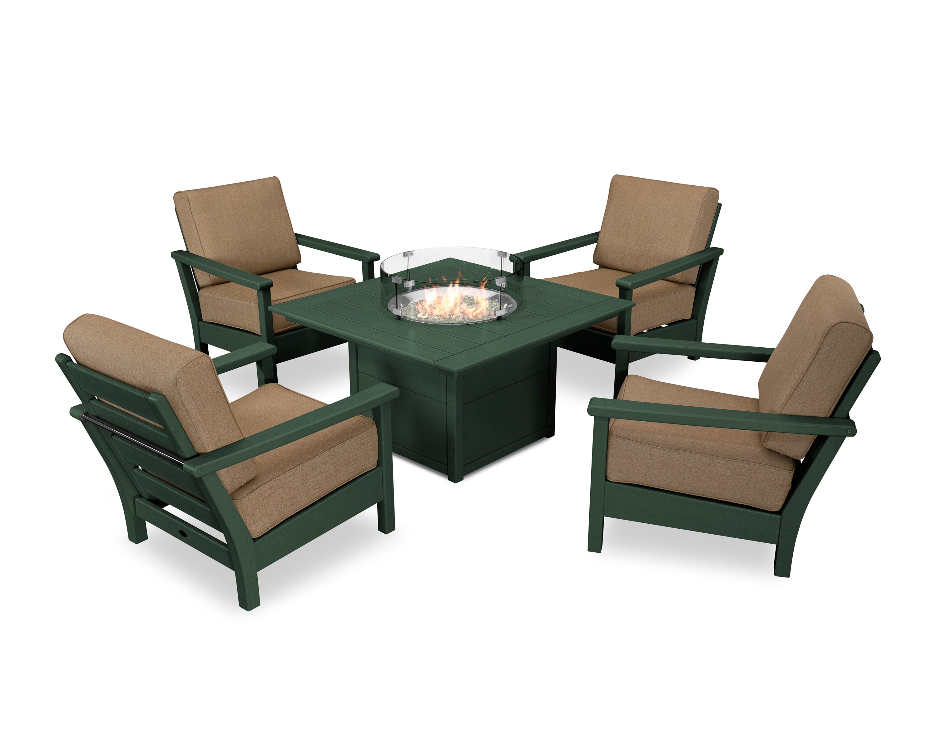 POLYWOOD® Harbour 5-Piece Conversation Set with Fire Pit Table in Green / Sesame