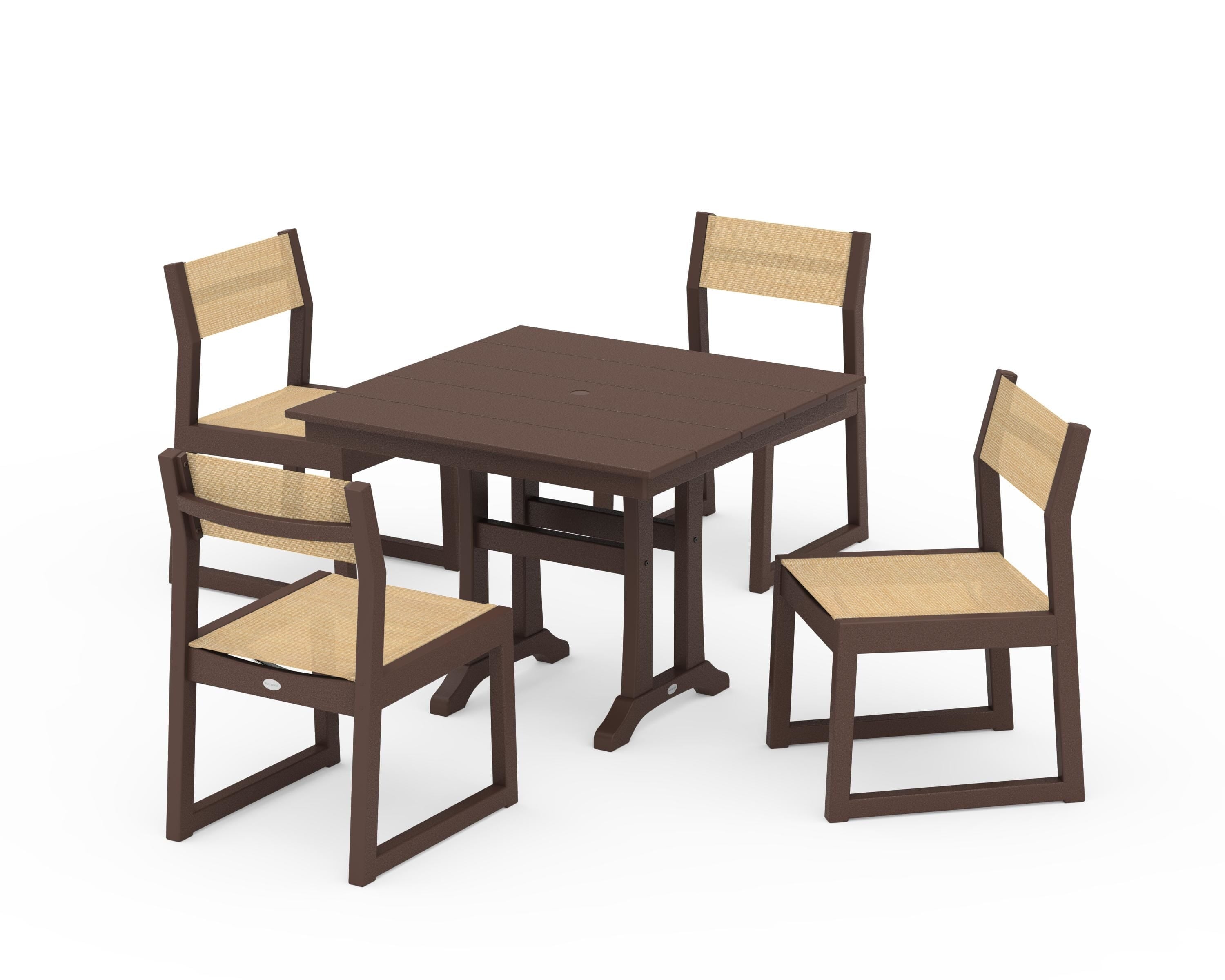 POLYWOOD® EDGE Sling 5-Piece Farmhouse Trestle Side Chair Dining Set in Mahogany / Dupioni Apricot Sling