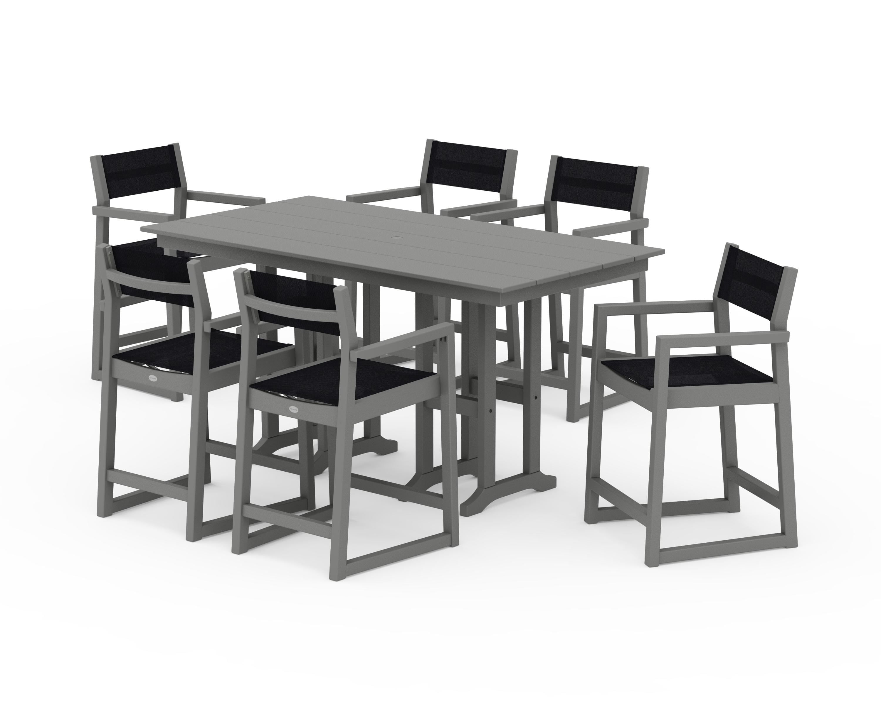 POLYWOOD® EDGE Sling Arm Chair 7-Piece Farmhouse Counter Set in Slate Grey / Black Sling