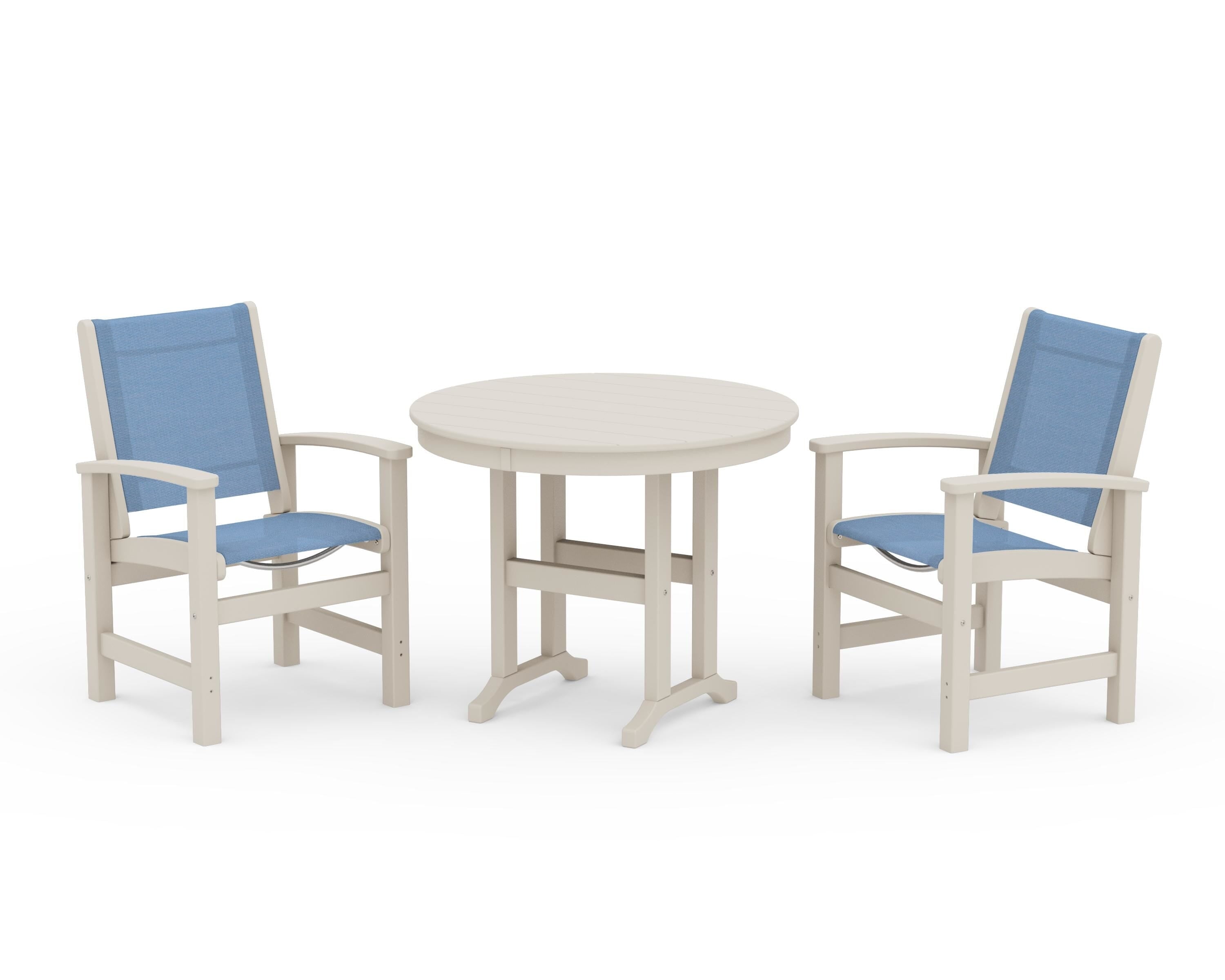 POLYWOOD® Coastal 3-Piece Round Dining Set in Sand / Poolside Sling
