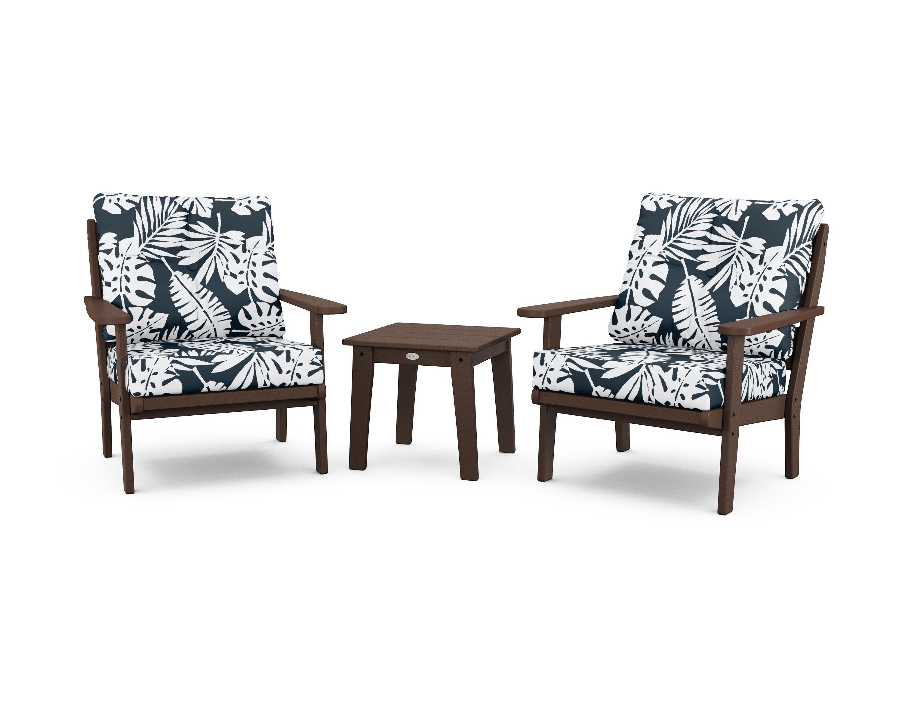 POLYWOOD® Lakeside 3-Piece Deep Seating Chair Set in Mahogany / Leaf Marine Indigo