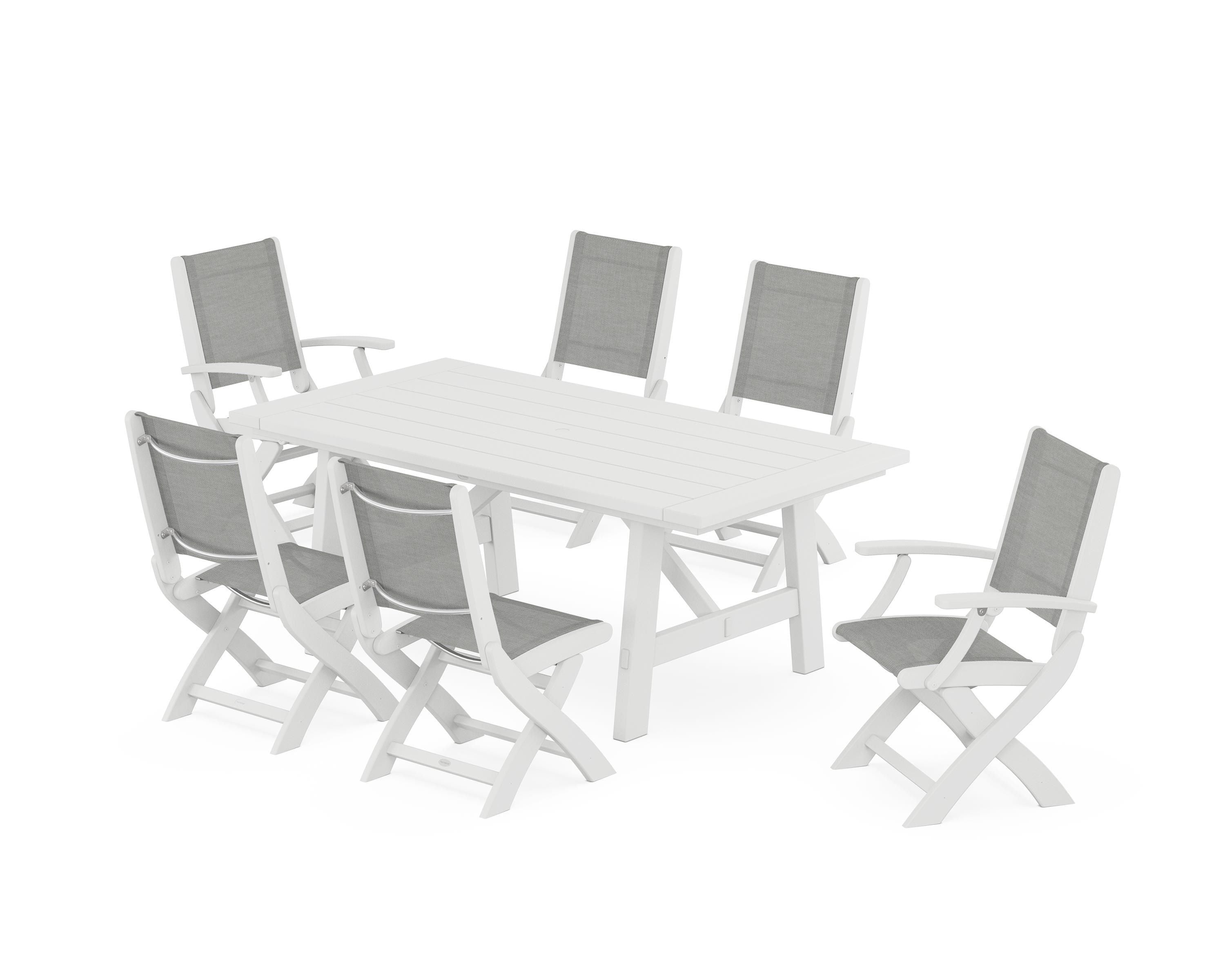 POLYWOOD® Coastal Folding Chair 7-Piece Rustic Farmhouse Dining Set in White / Metallic Sling