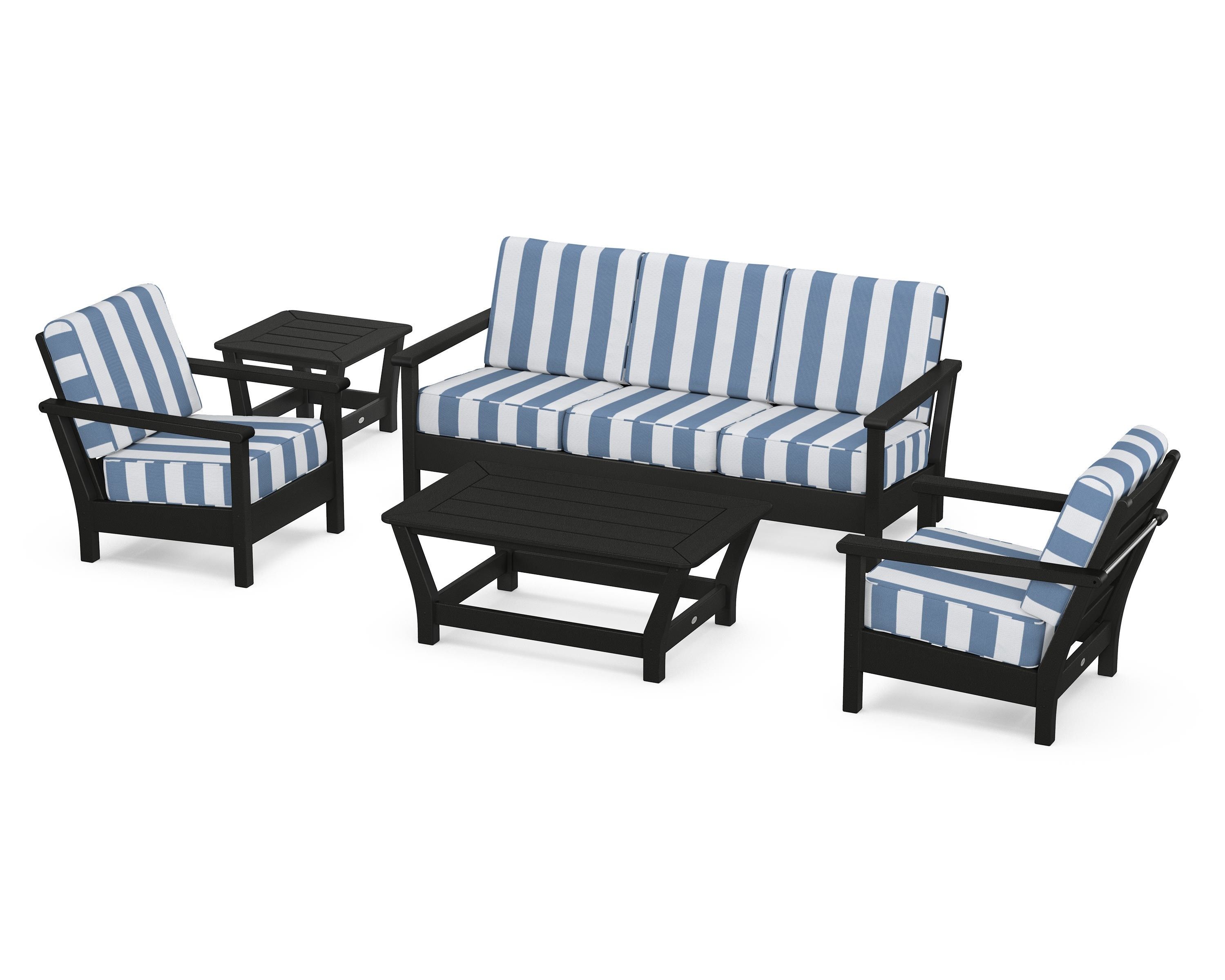 POLYWOOD® Harbour 5-Piece Deep Seating Set in Black / Cabana Stripe Sky Blue
