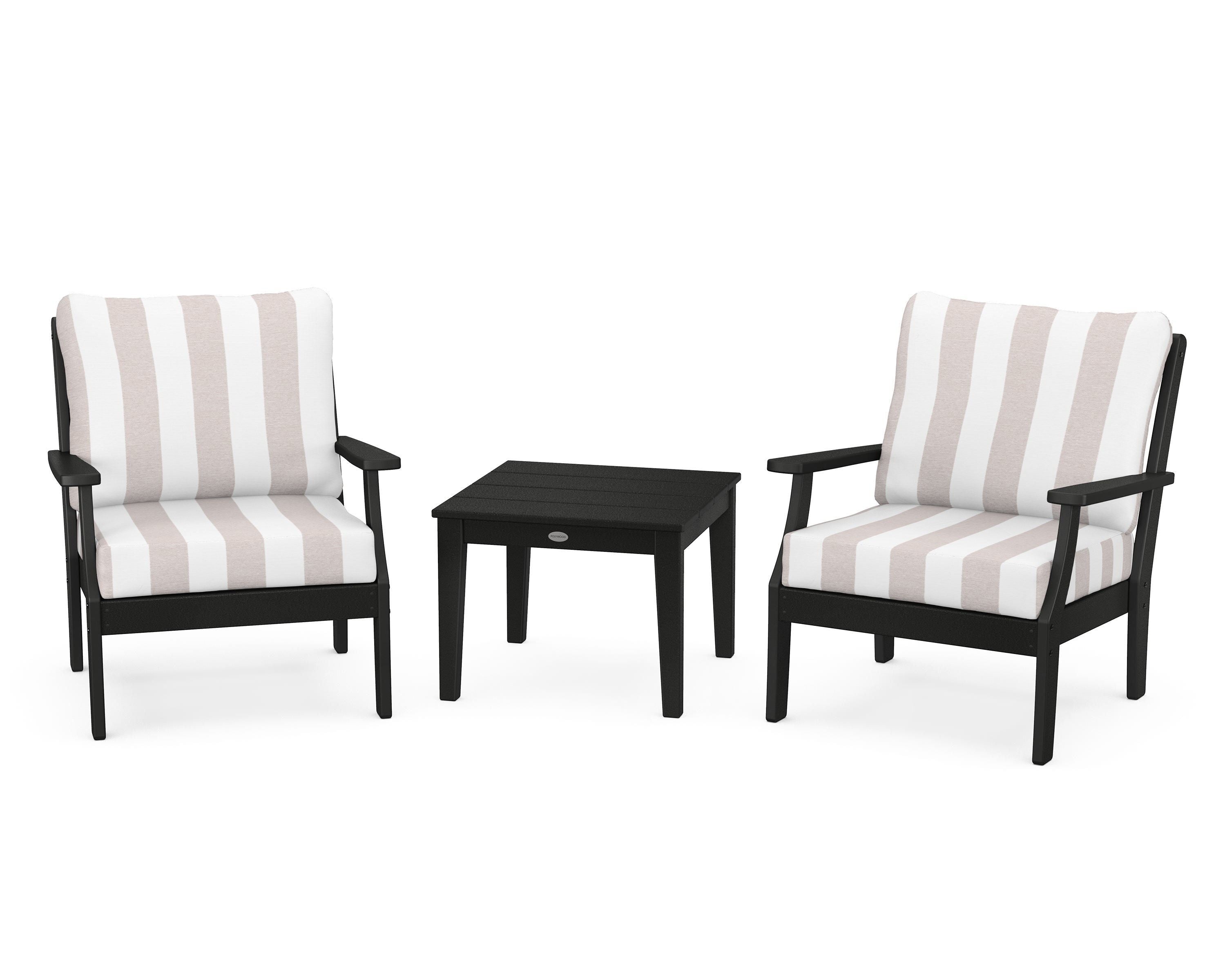 POLYWOOD® Braxton 3-Piece Deep Seating Set in Black / Cabana Stripe Dune Burlap