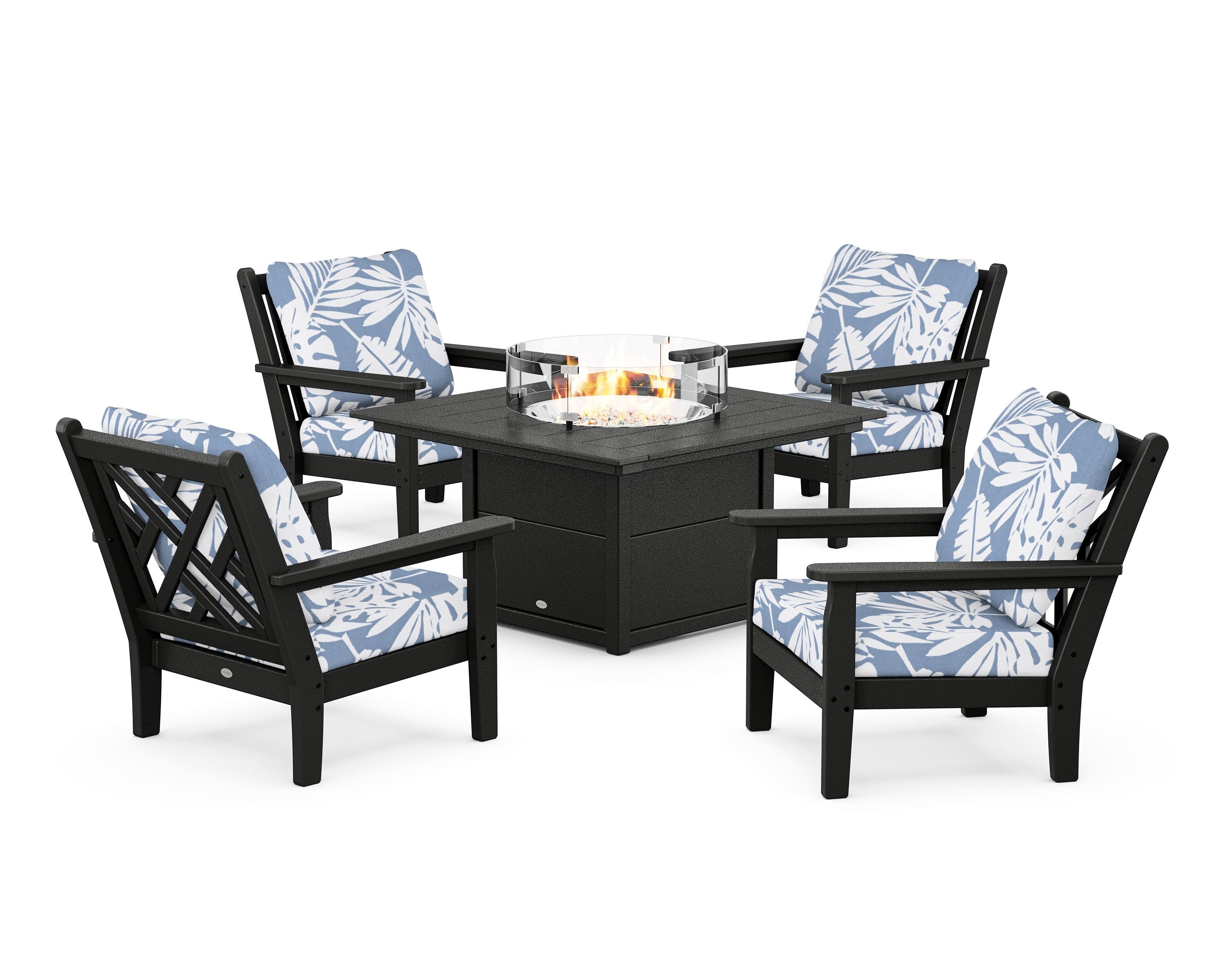 POLYWOOD® Chippendale 5-Piece Deep Seating Set with Fire Pit Table in Black / Leaf Sky Blue