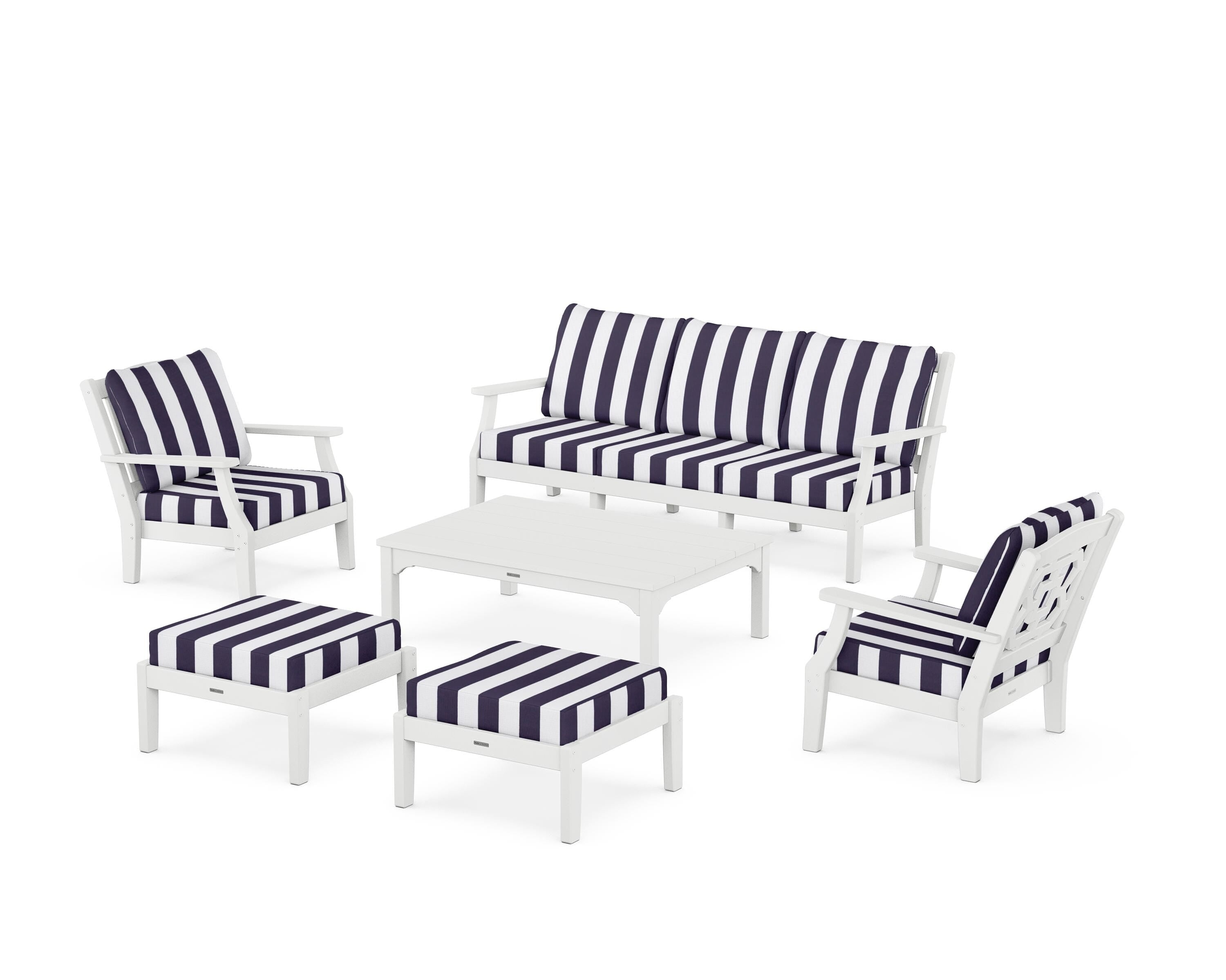Martha Stewart by POLYWOOD® Chinoiserie 6-Piece Lounge Sofa Set in White / Cabana Stripe Navy