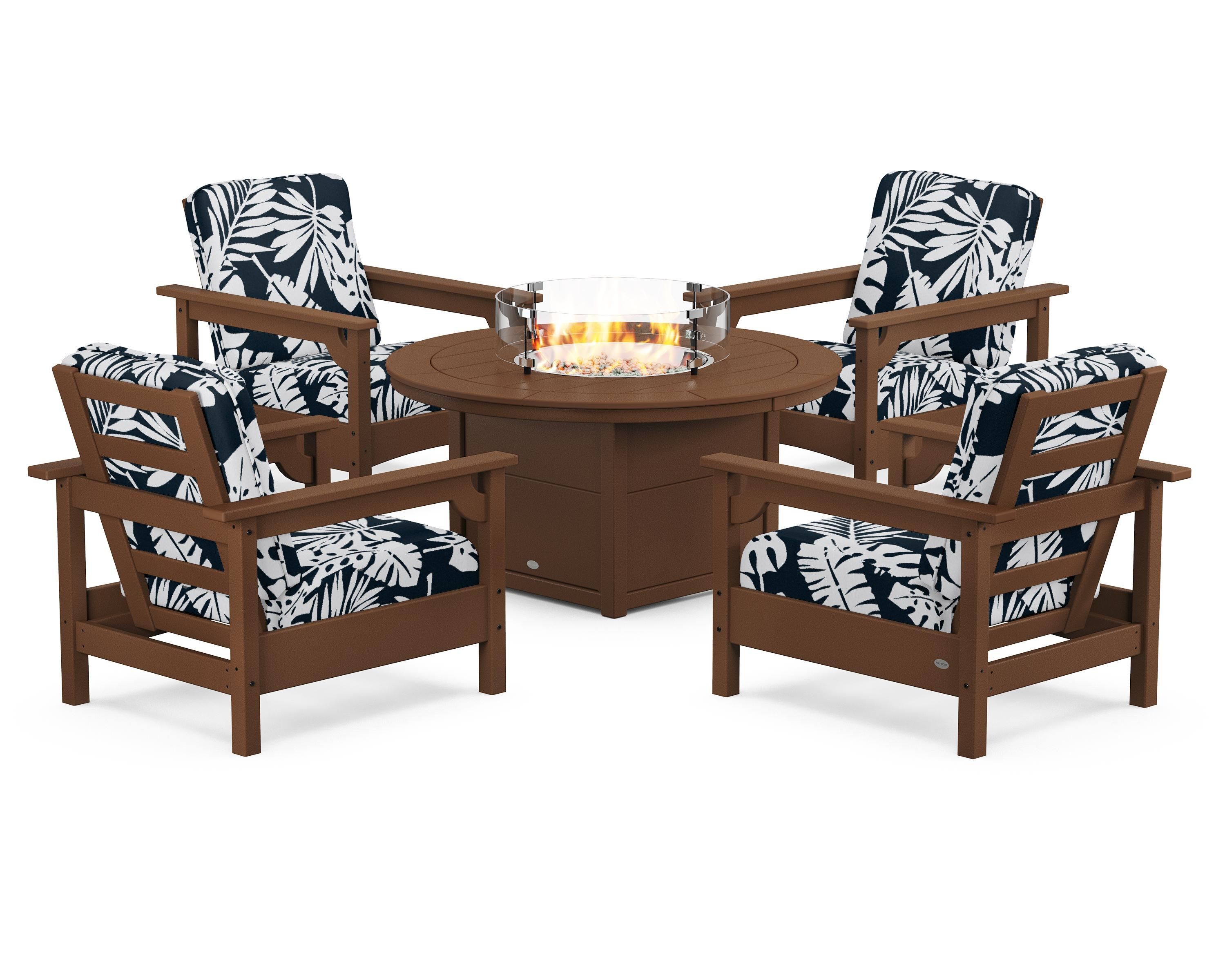 POLYWOOD® Club 5-Piece Conversation Set with Fire Pit Table in Teak / Leaf Marine Indigo