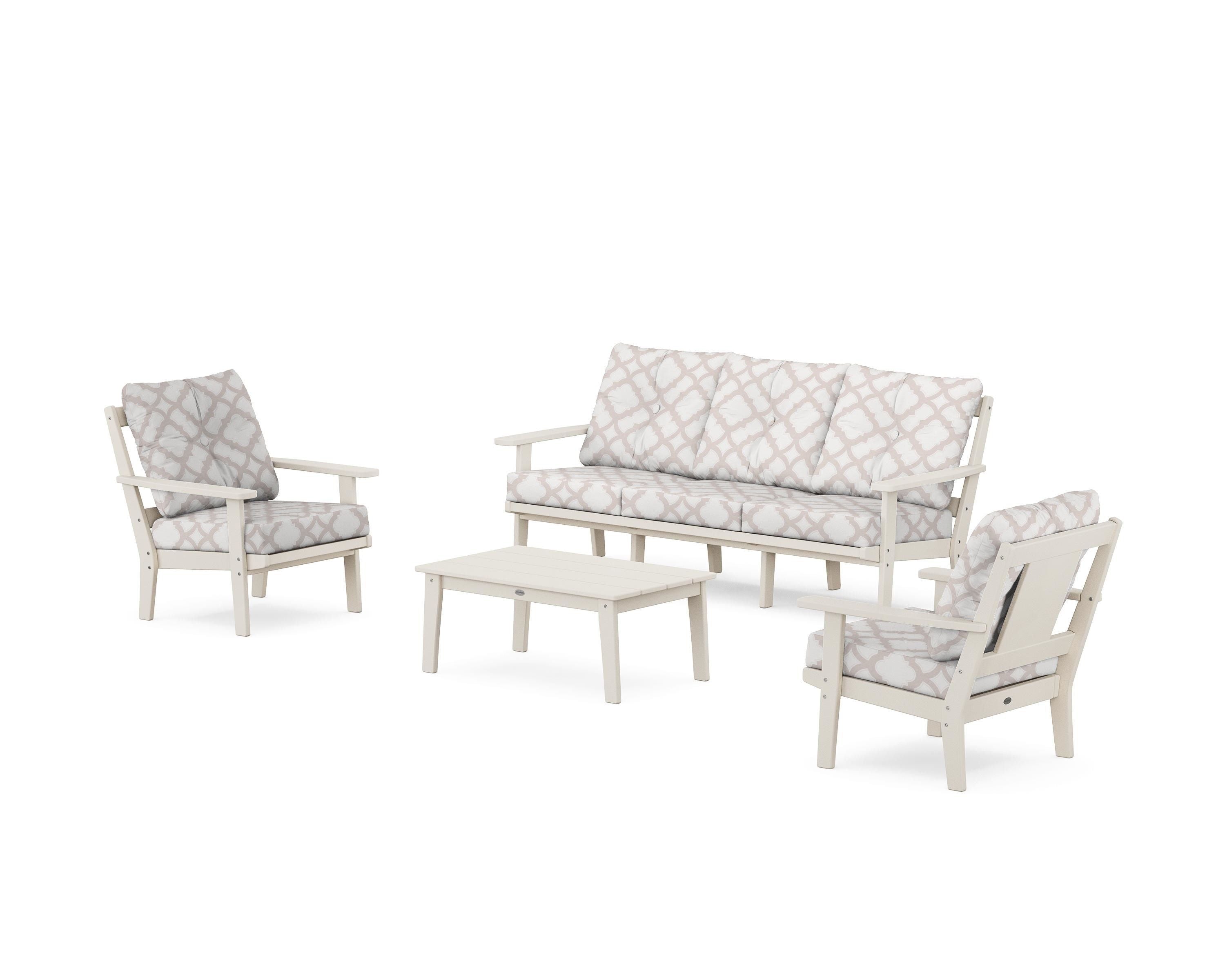POLYWOOD® Prairie 4-Piece Deep Seating Set with Sofa in Sand / Trellis Dune Burlap