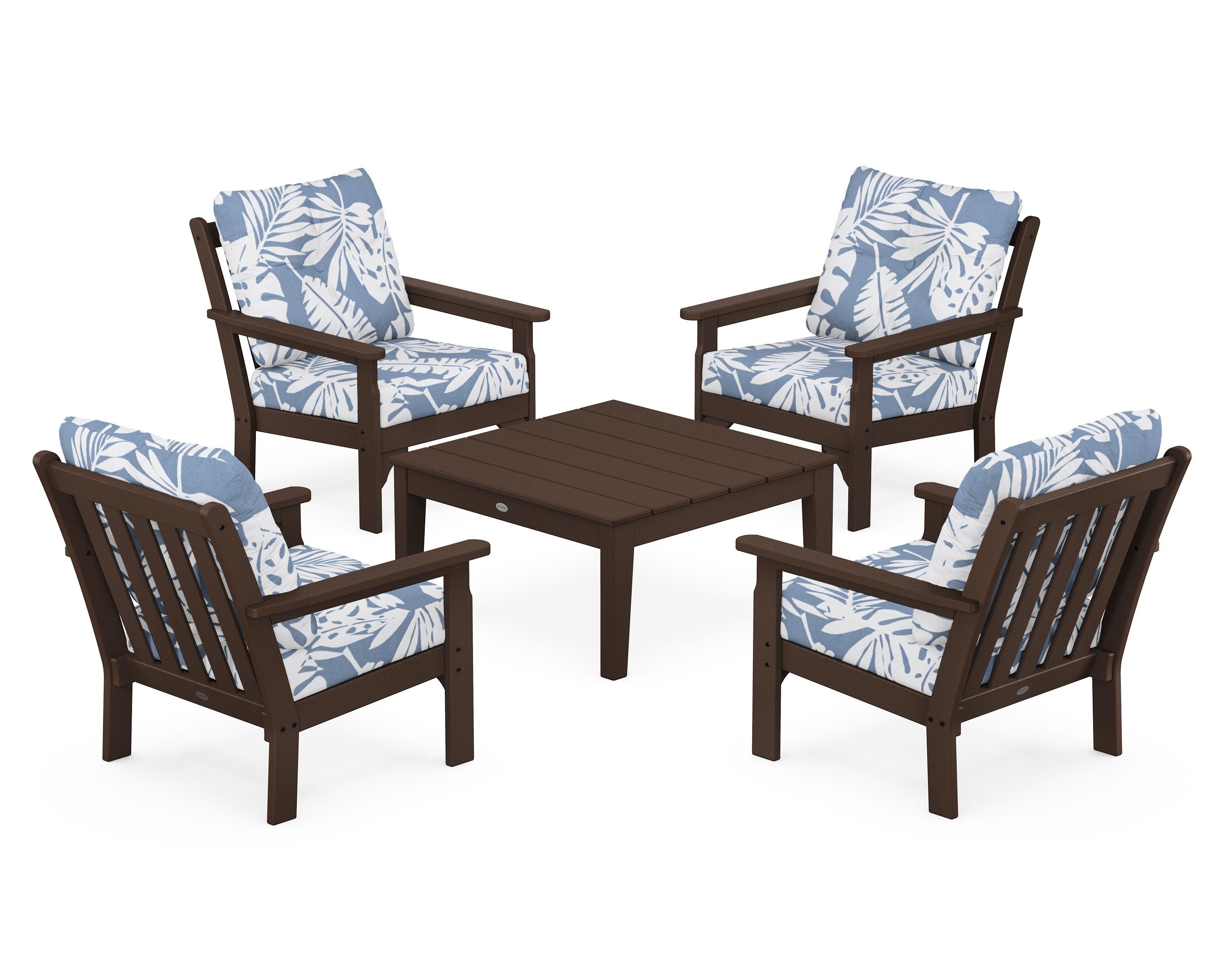 POLYWOOD® Vineyard 5-Piece Deep Seating Conversation Set in Mahogany / Leaf Sky Blue