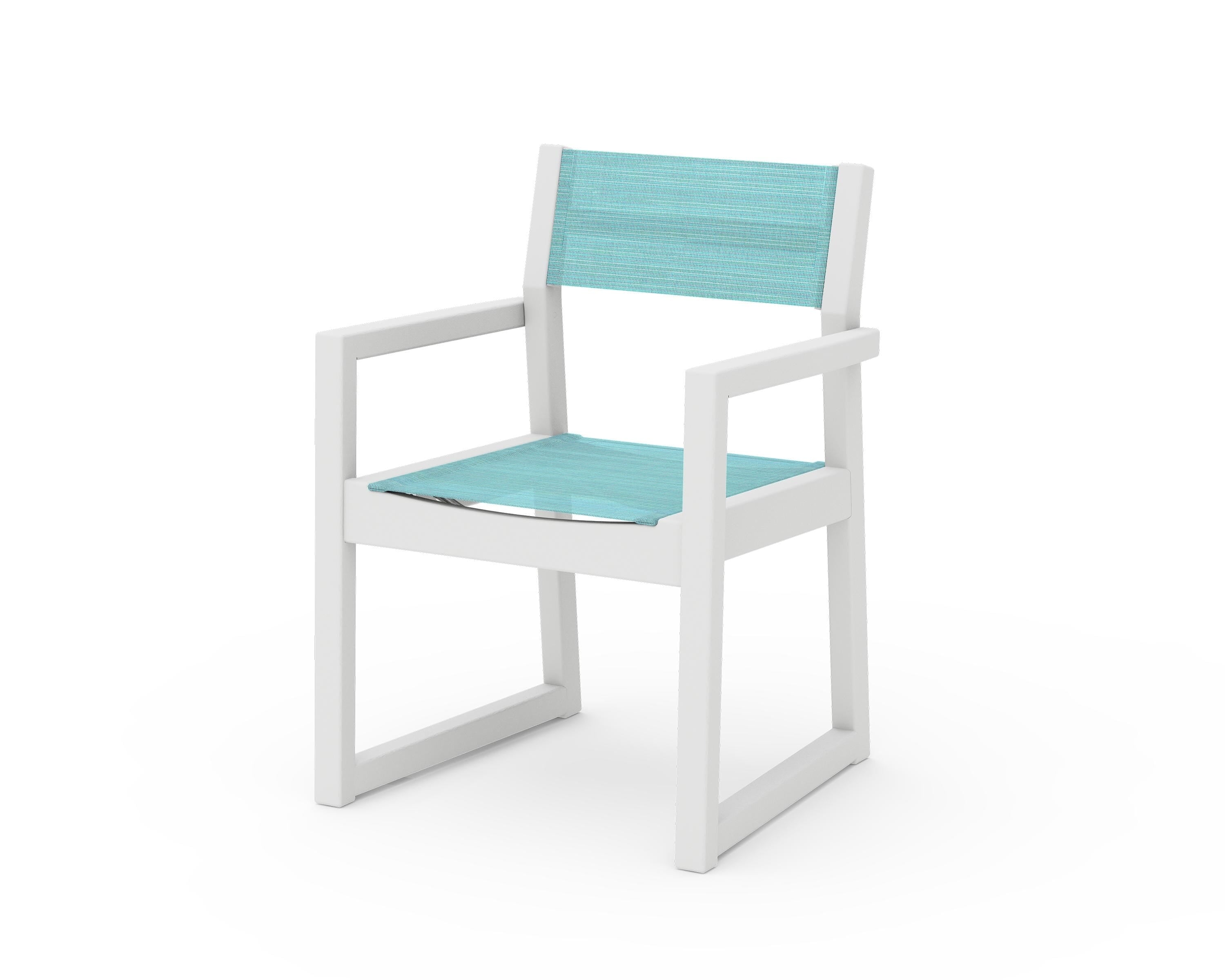 POLYWOOD® EDGE Sling Dining Arm Chair in White / Dupioni Aquamarine Sling