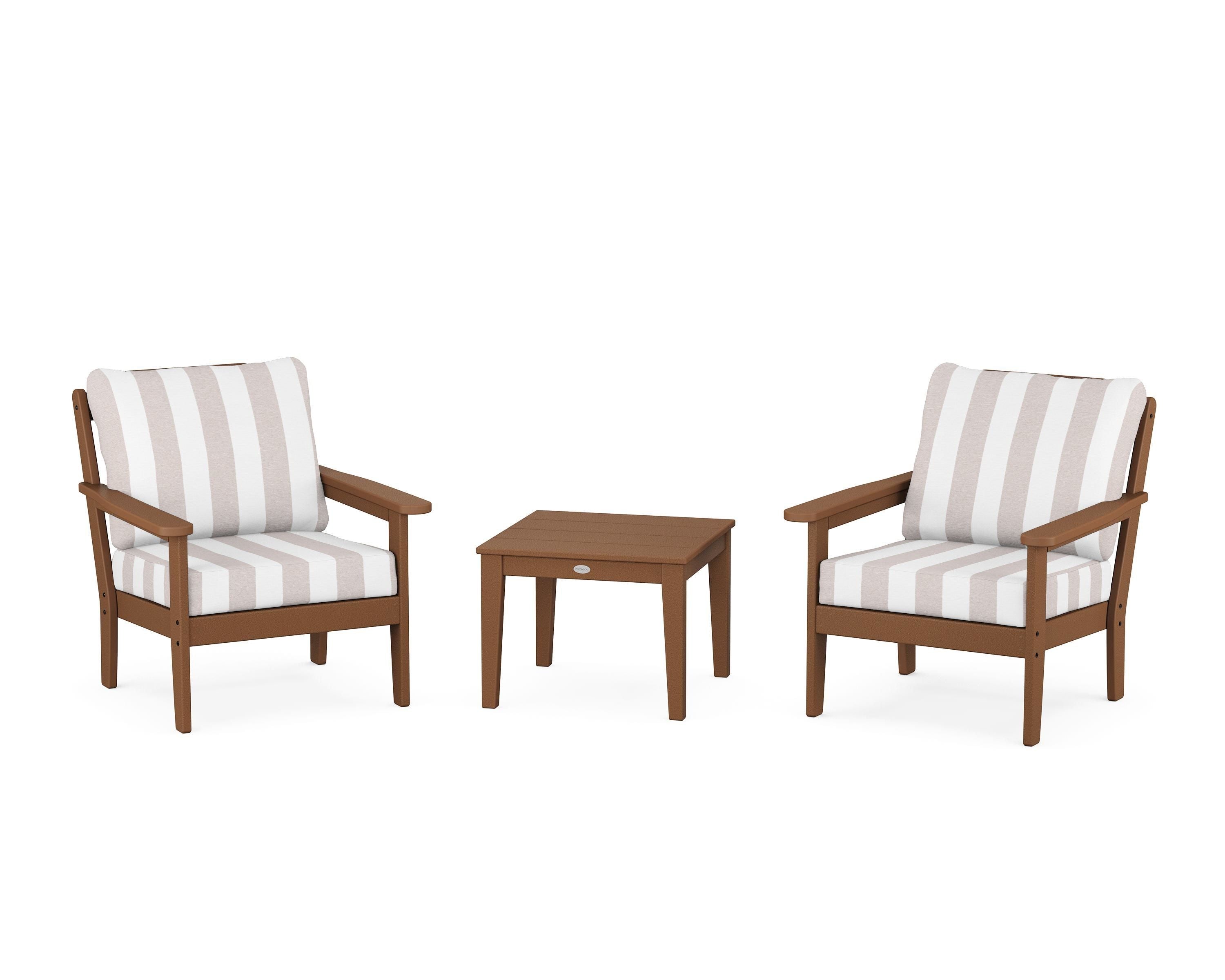 Country Living Cottage 3-Piece Deep Seating Set in Teak / Cabana Stripe Dune Burlap