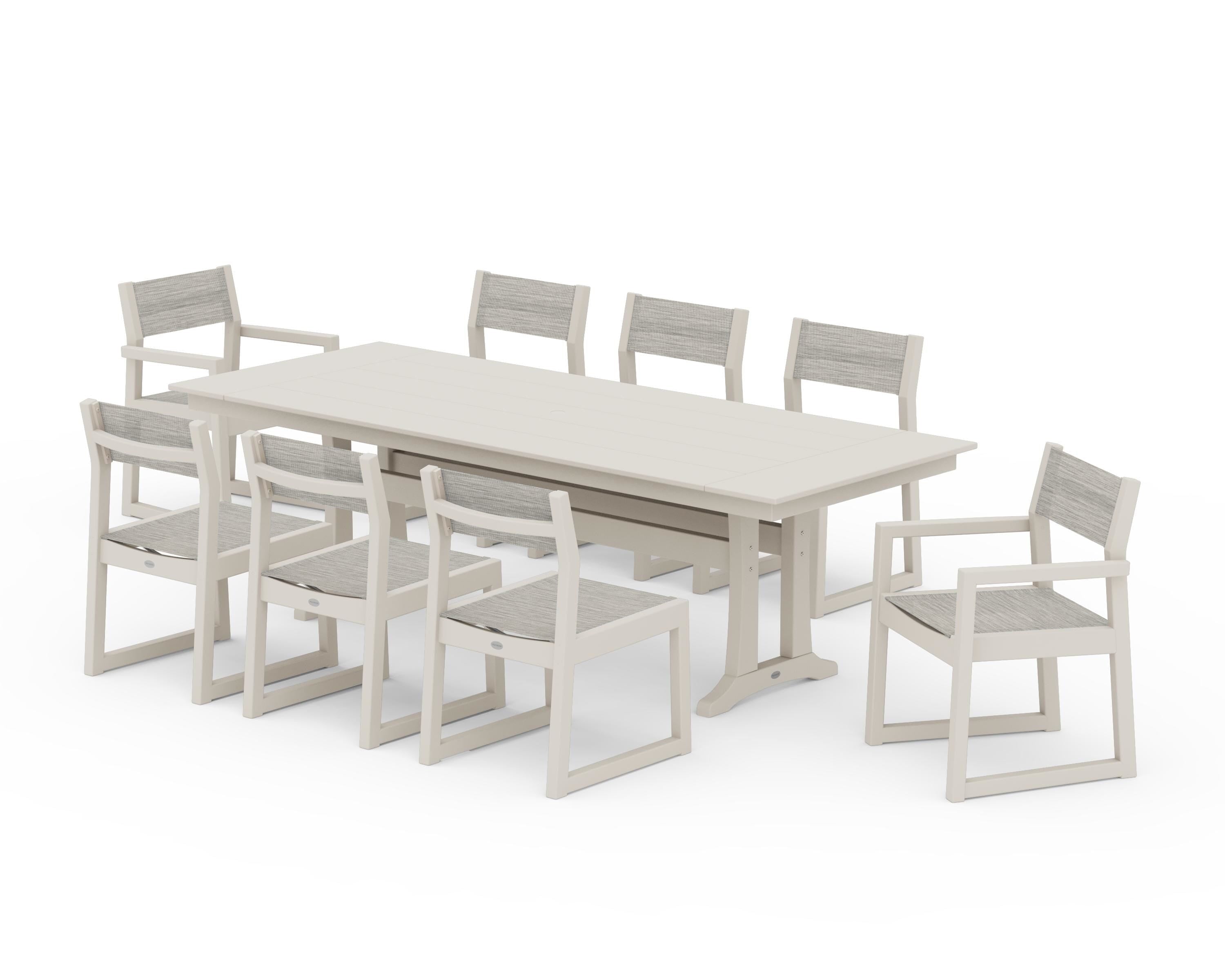 POLYWOOD® EDGE Sling 9-Piece Farmhouse Trestle Dining Set in Sand / Birch Sling