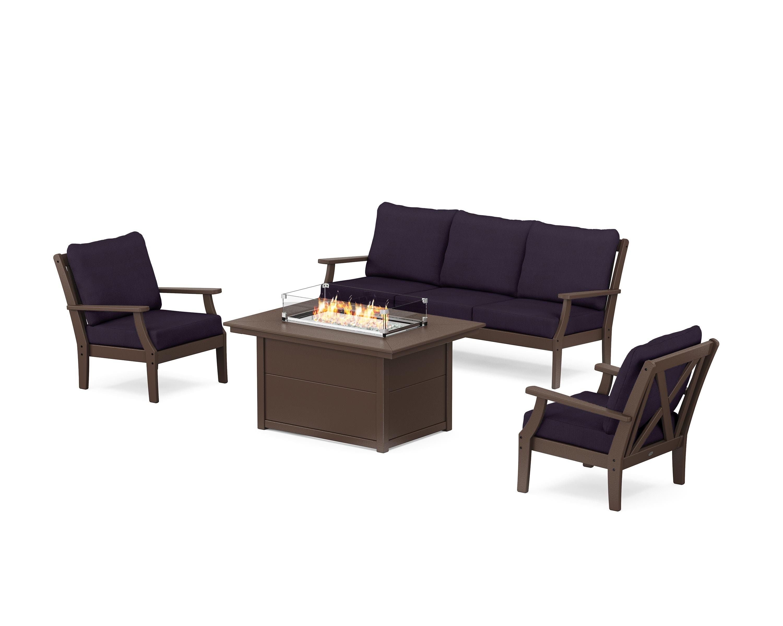 POLYWOOD® Braxton Deep Seating Fire Pit Table Set in Mahogany / Navy Linen
