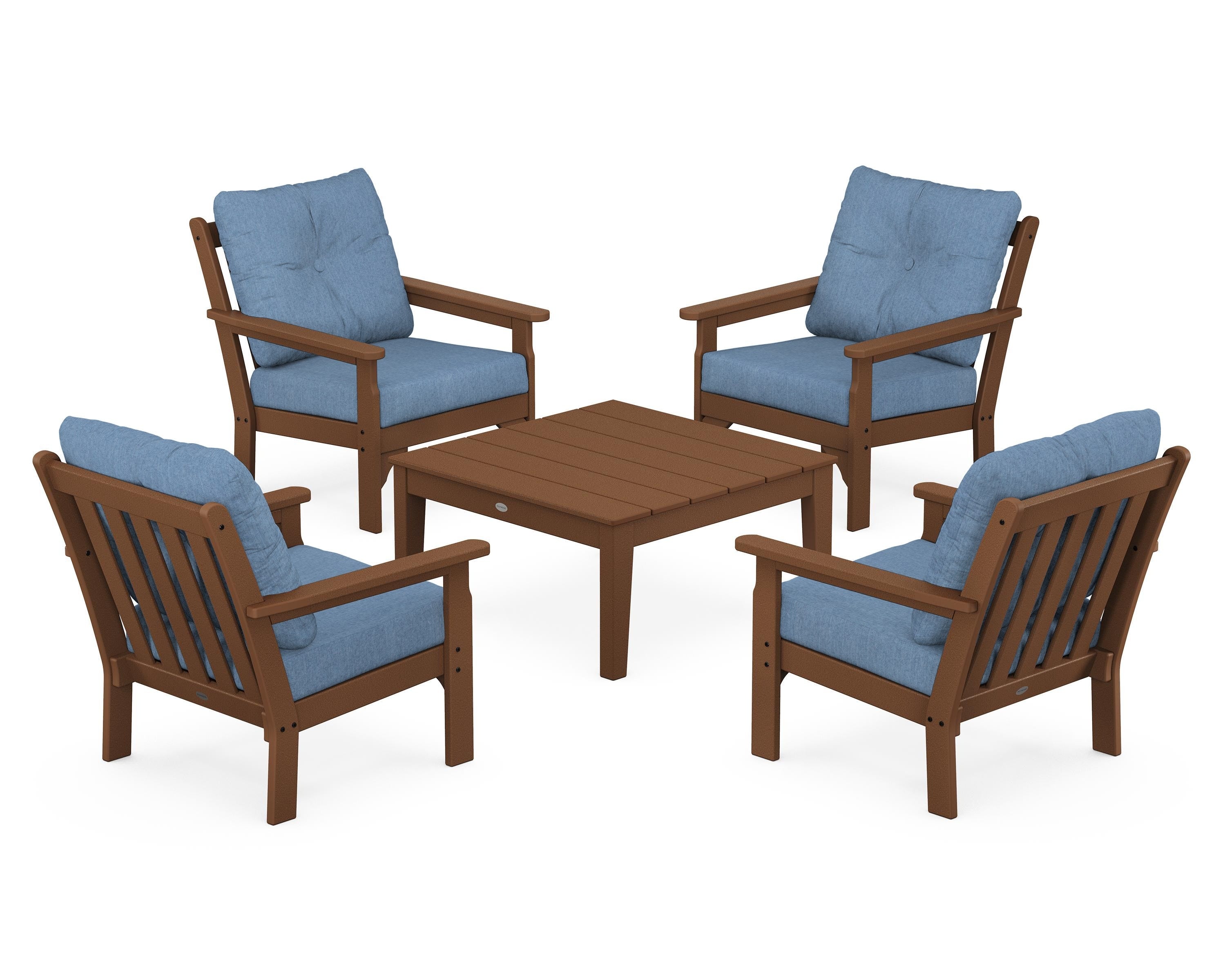 POLYWOOD® Vineyard 5-Piece Deep Seating Conversation Set in Teak / Sky Blue