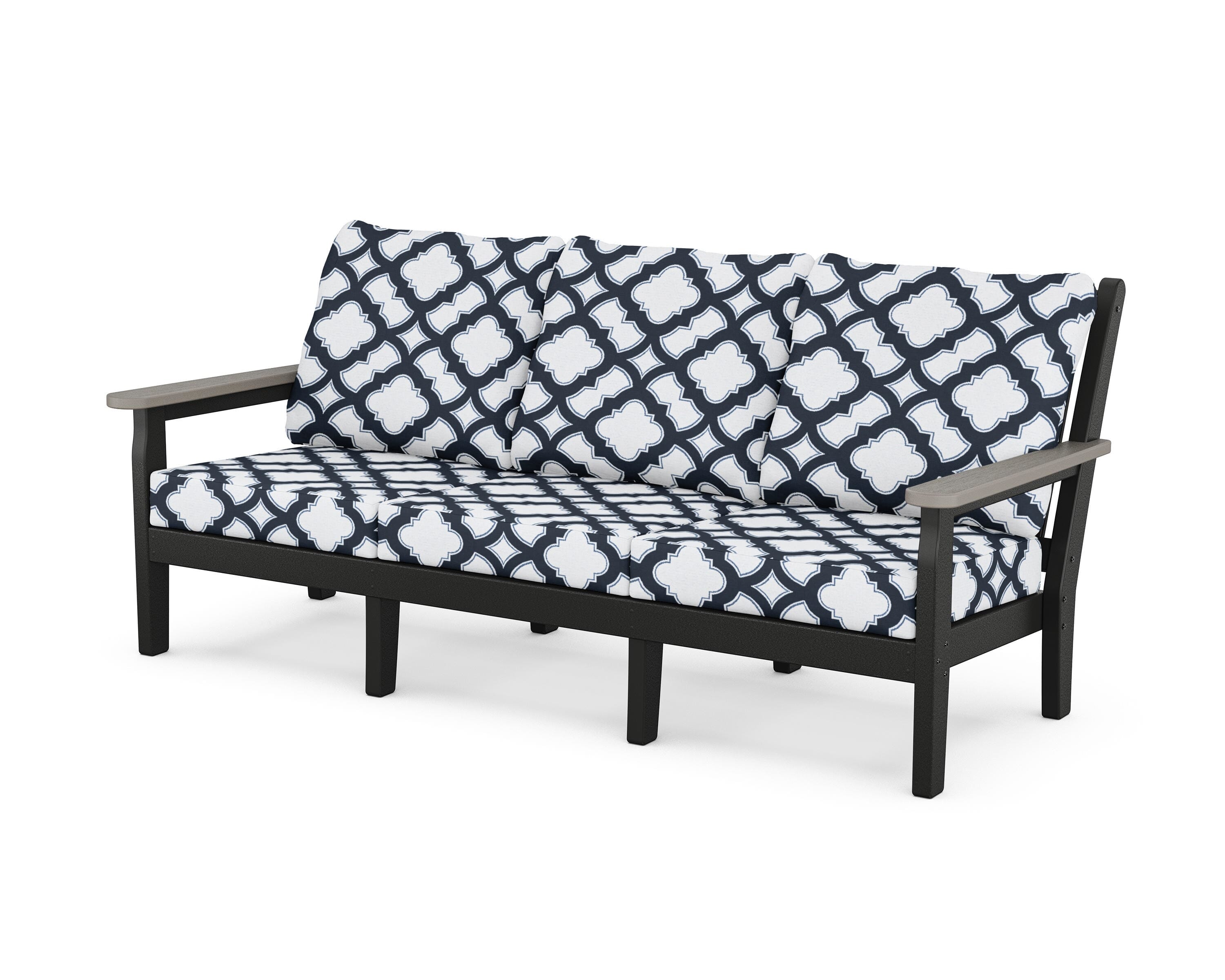 POLYWOOD® Chippendale Deep Seating Sofa in Black / Driftwood / Trellis Marine Indigo