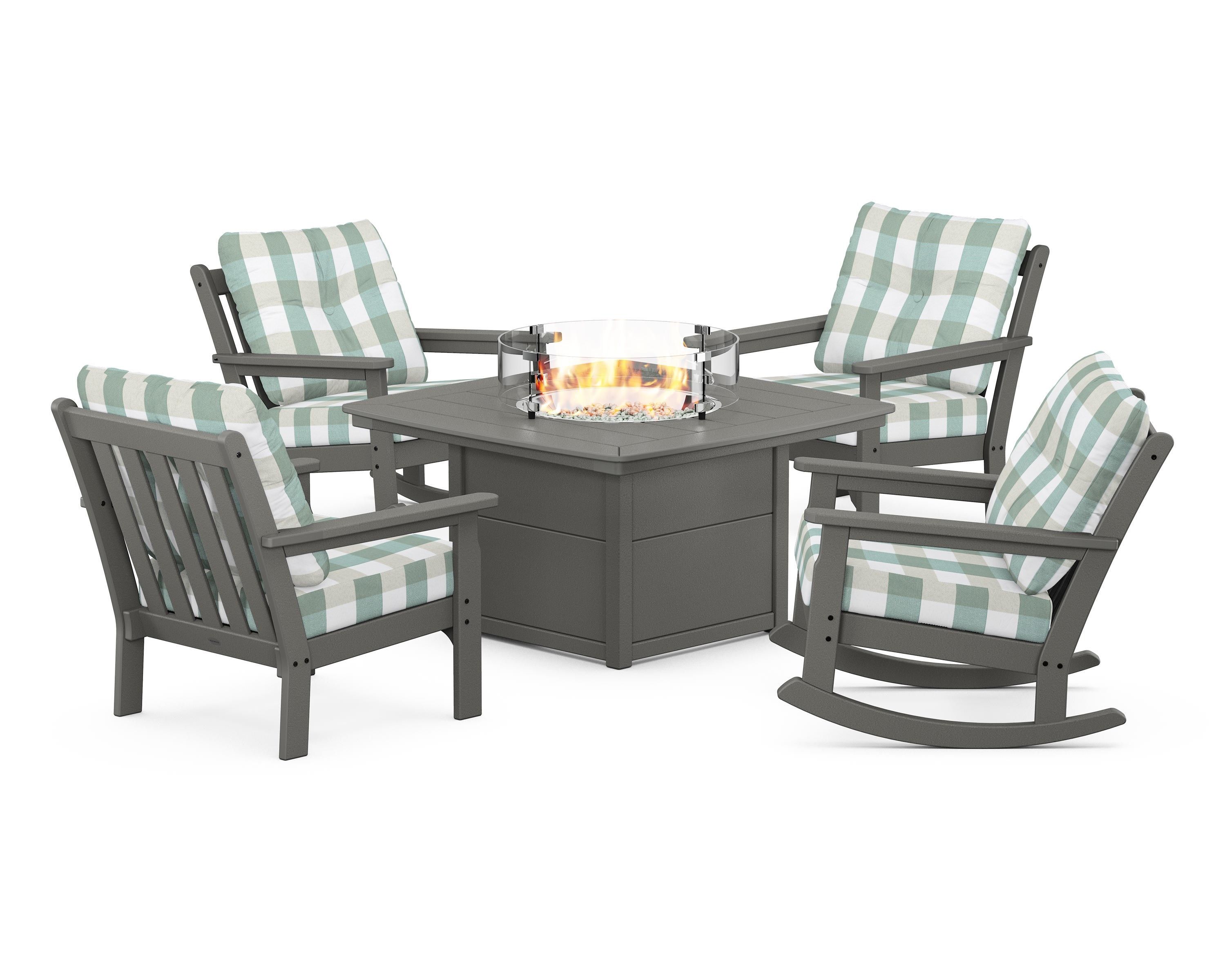 POLYWOOD® Vineyard 5-Piece Deep Seating Rocking Chair Conversation Set with Fire Pit Table in Slate Grey / Buffalo Plaid Glacier Spa