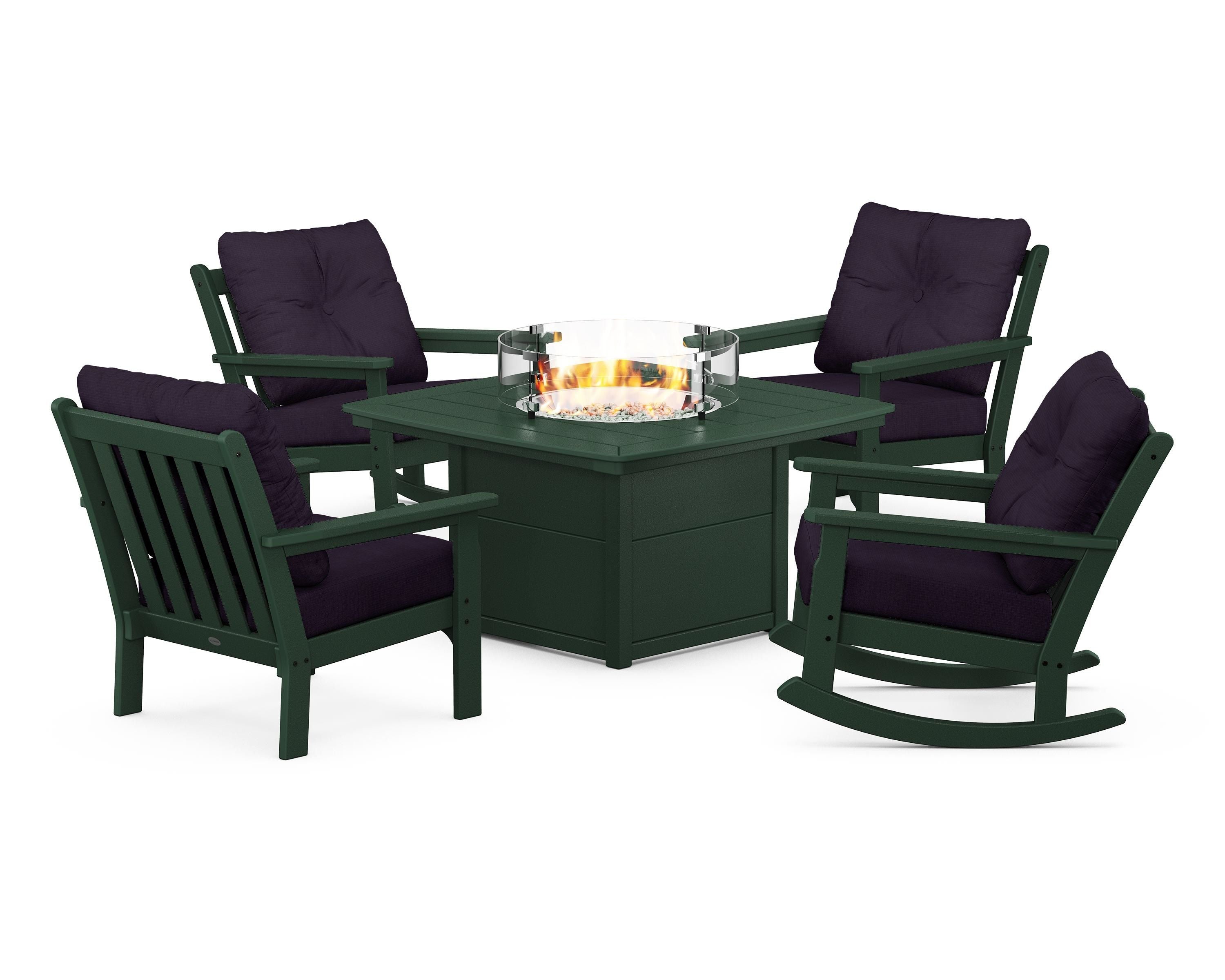 POLYWOOD® Vineyard 5-Piece Deep Seating Rocking Chair Conversation Set with Fire Pit Table in Green / Navy Linen