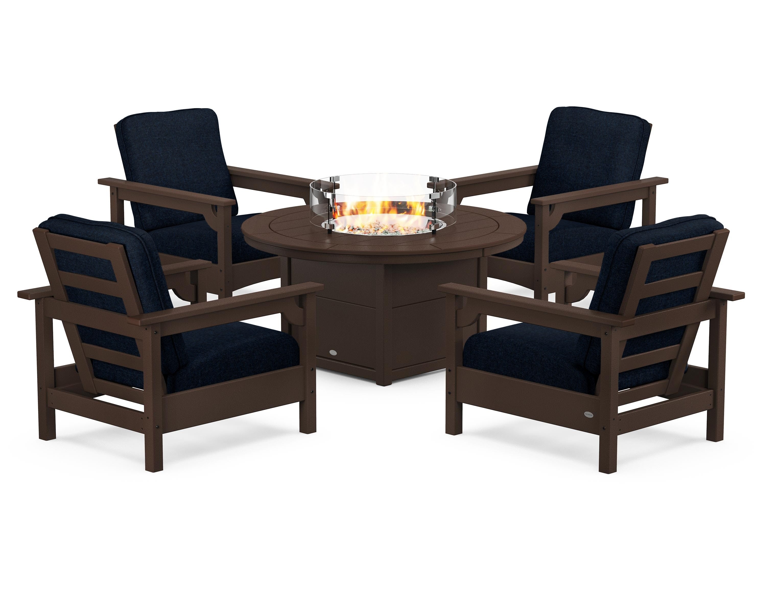 POLYWOOD® Club 5-Piece Conversation Set with Fire Pit Table in Mahogany / Marine Indigo