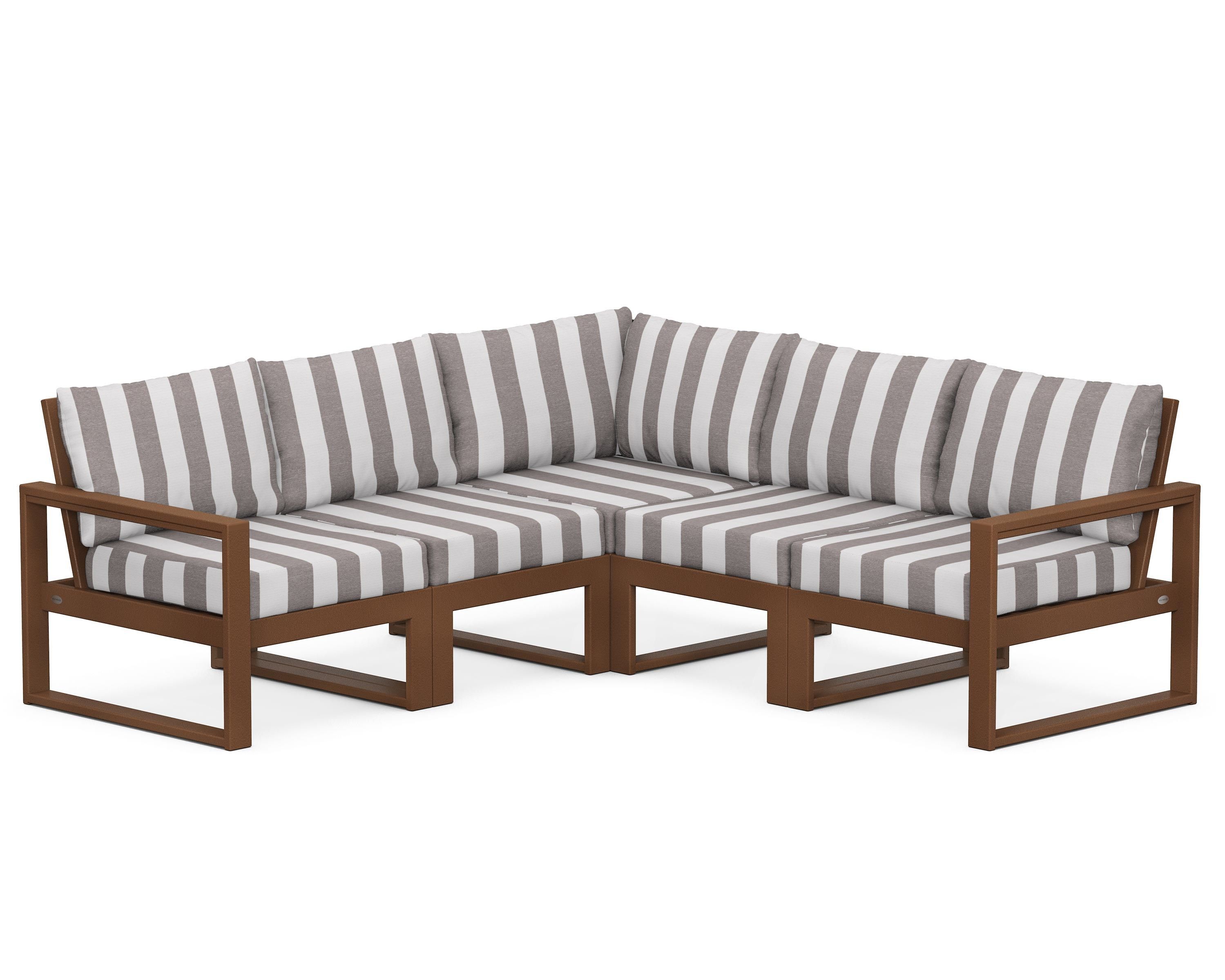 POLYWOOD® EDGE 5-Piece Modular Deep Seating Set in Teak / Cabana Stripe Grey Mist