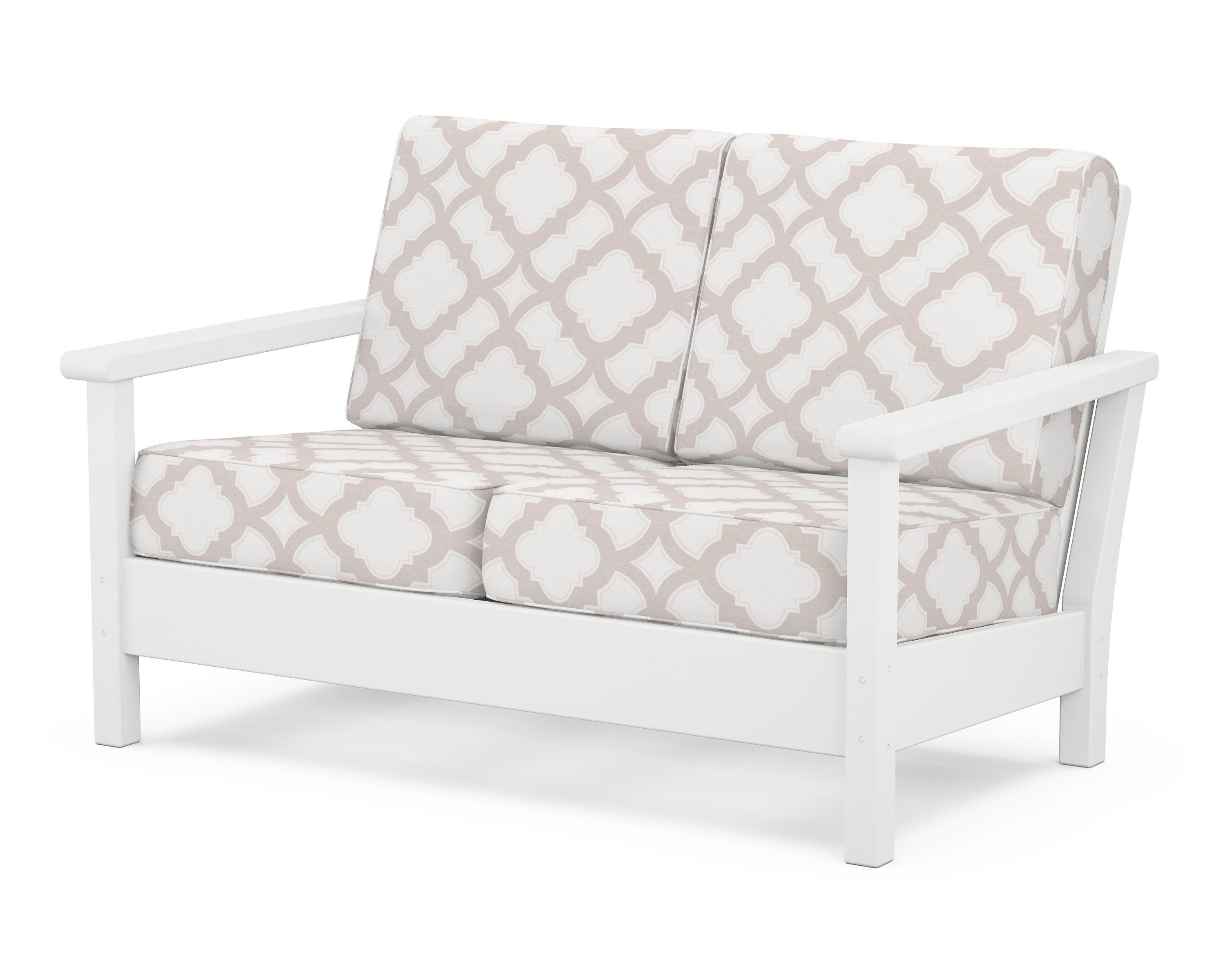 POLYWOOD® Harbour Deep Seating Loveseat in White / Trellis Dune Burlap