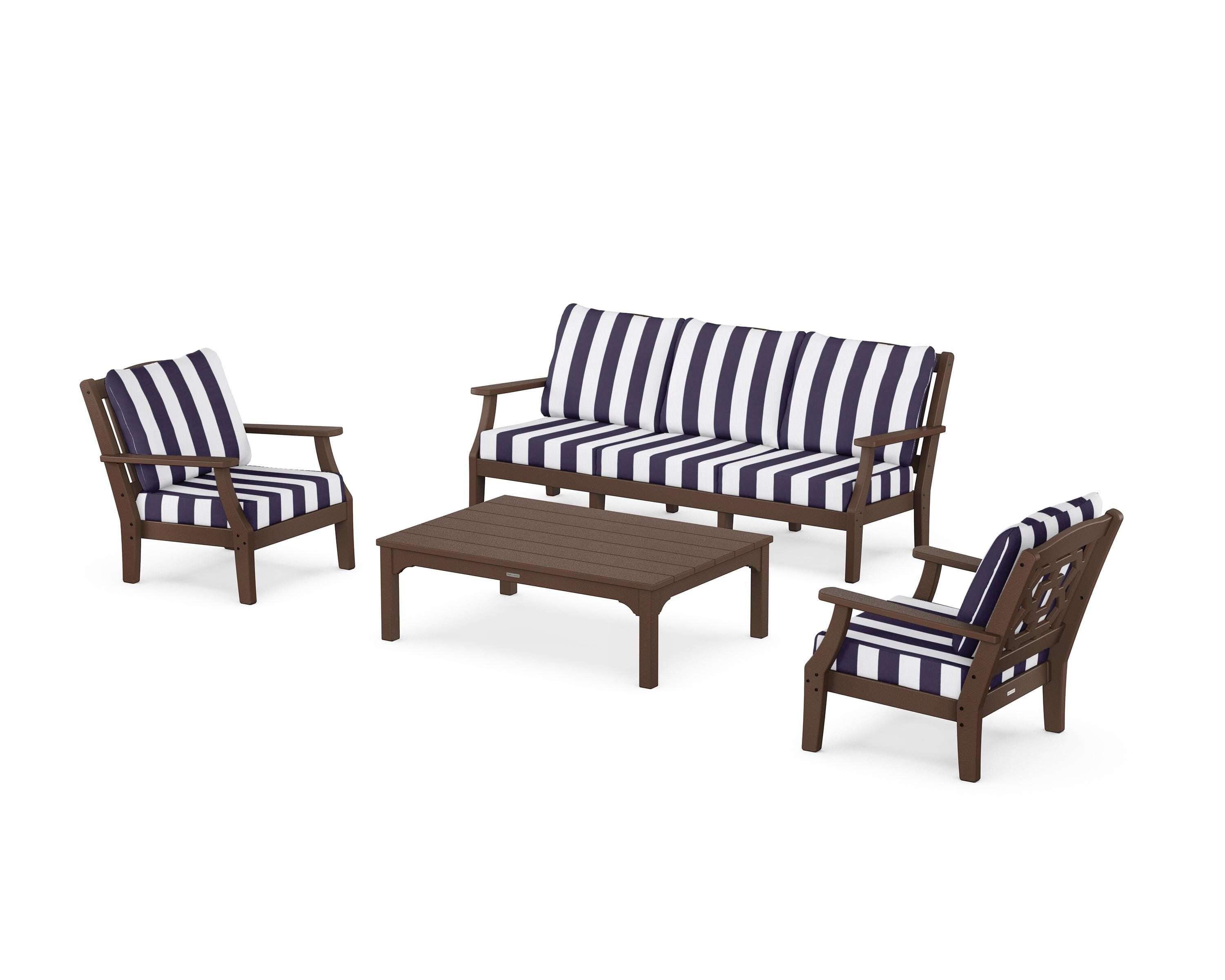Martha Stewart by POLYWOOD® Chinoiserie 4-Piece Deep Seating Set with Sofa in Mahogany / Cabana Stripe Navy