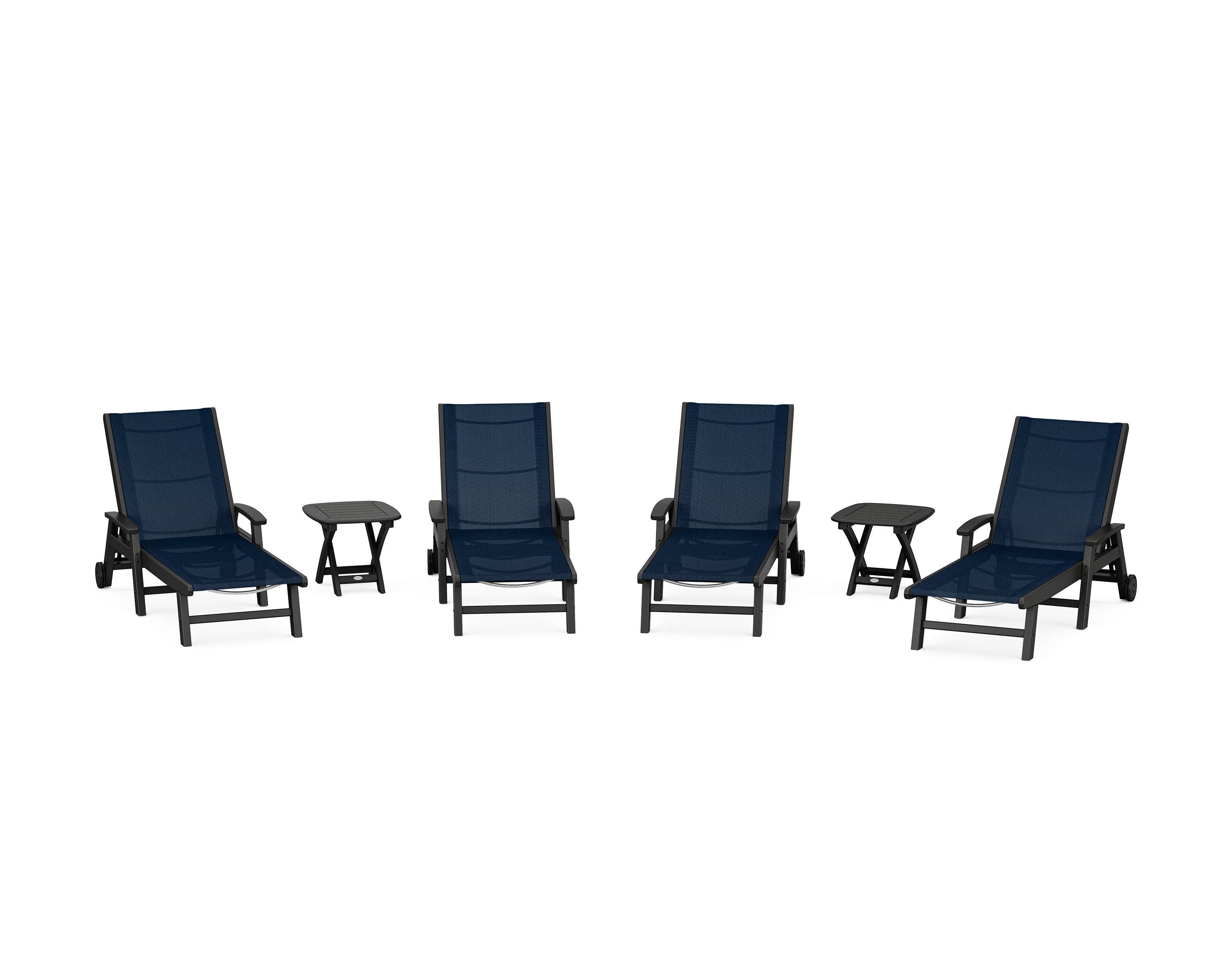 POLYWOOD® Coastal Chaise 6-Piece Set with Wheels in Black / Navy Blue Sling