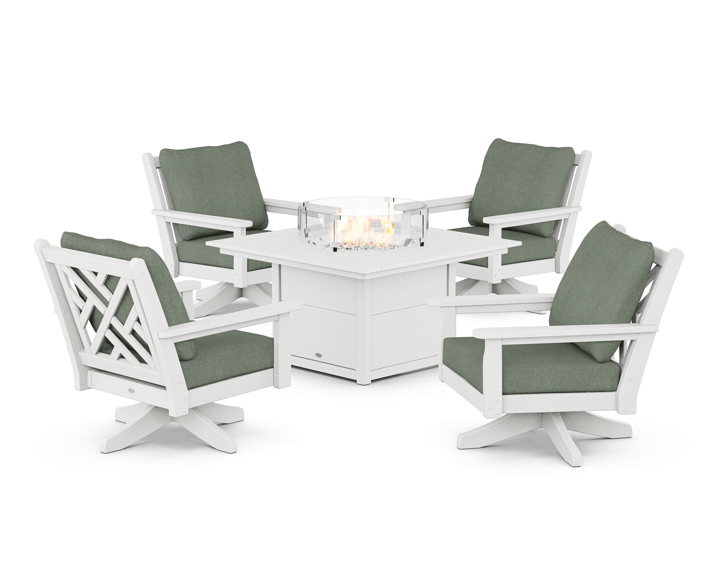 POLYWOOD® Chippendale 5-Piece Deep Seating Swivel Conversation Set with Fire Pit Table in White / Cast Sage