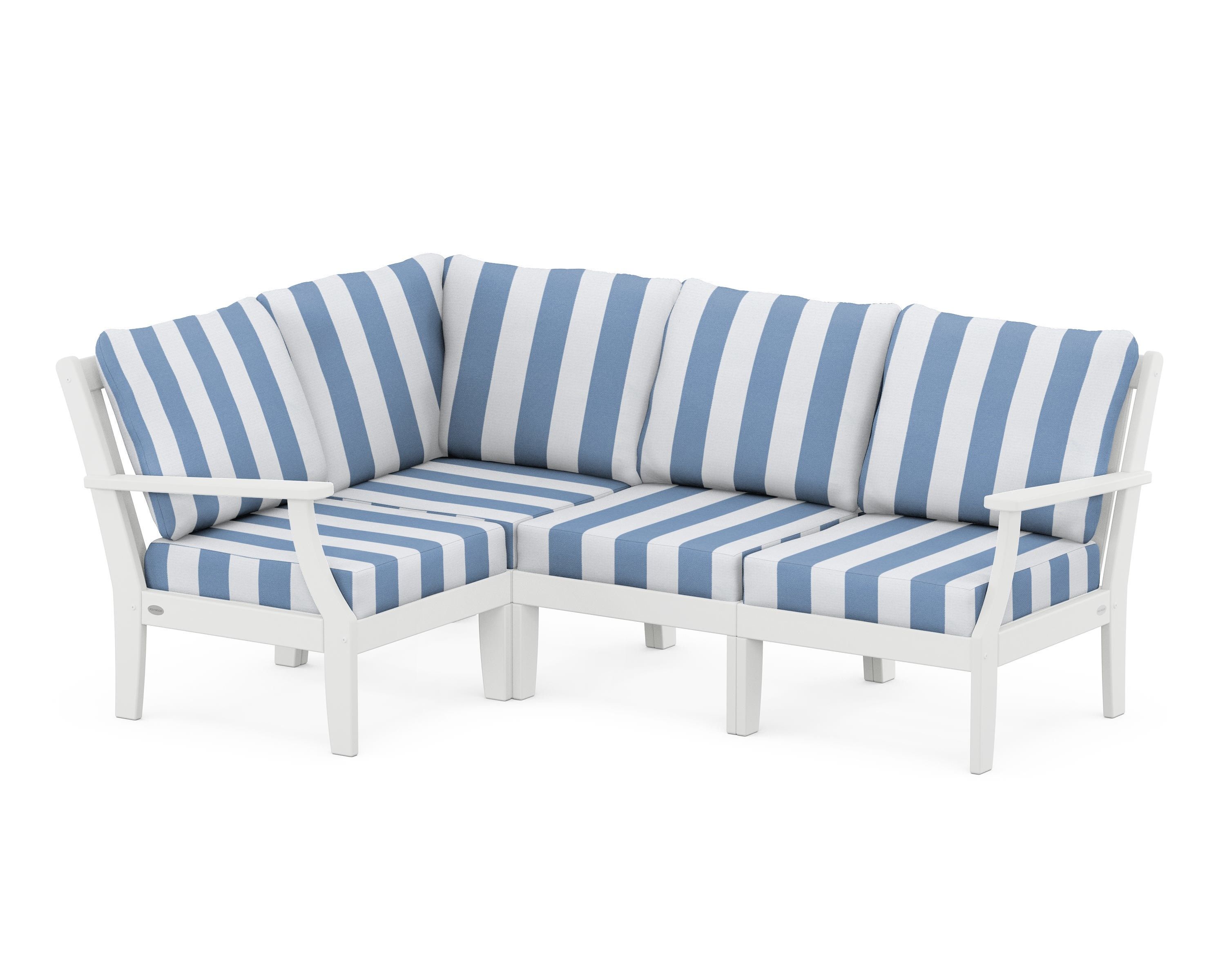 POLYWOOD® Braxton Modular 4-Piece Deep Seating Set in White / Cabana Stripe Sky Blue