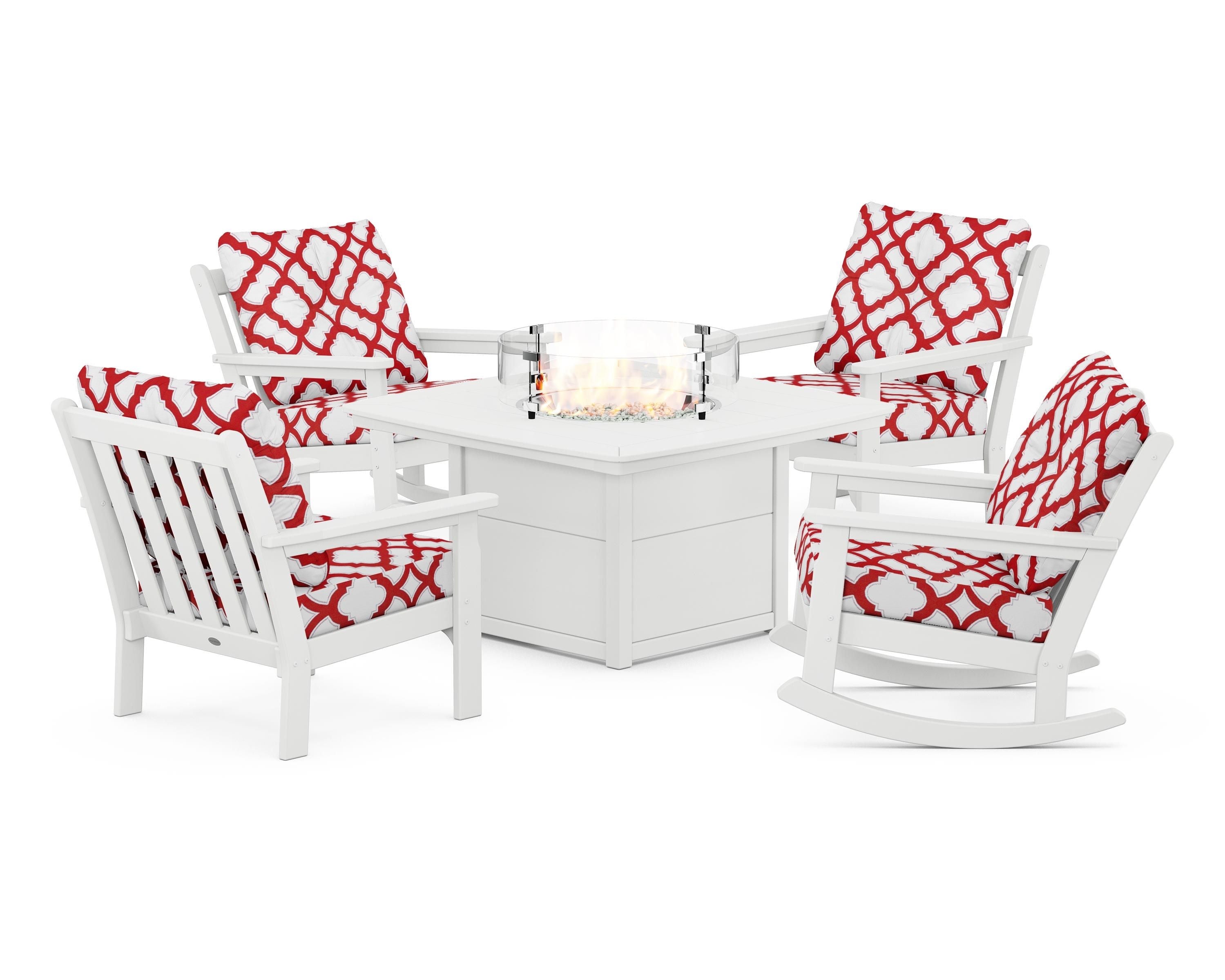 POLYWOOD® Vineyard 5-Piece Deep Seating Rocking Chair Conversation Set with Fire Pit Table in White / Trellis Crimson