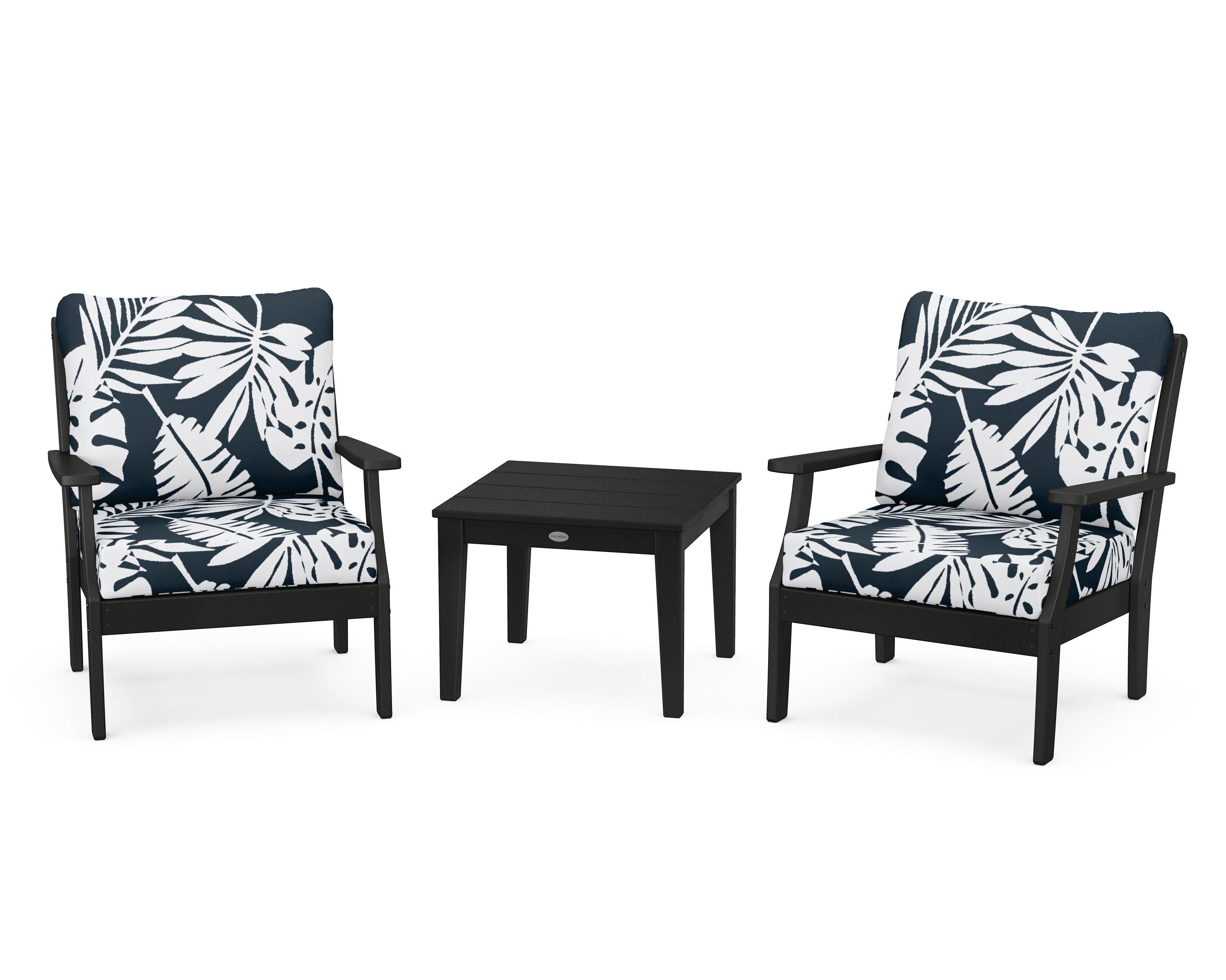 POLYWOOD® Braxton 3-Piece Deep Seating Set in Black / Leaf Marine Indigo