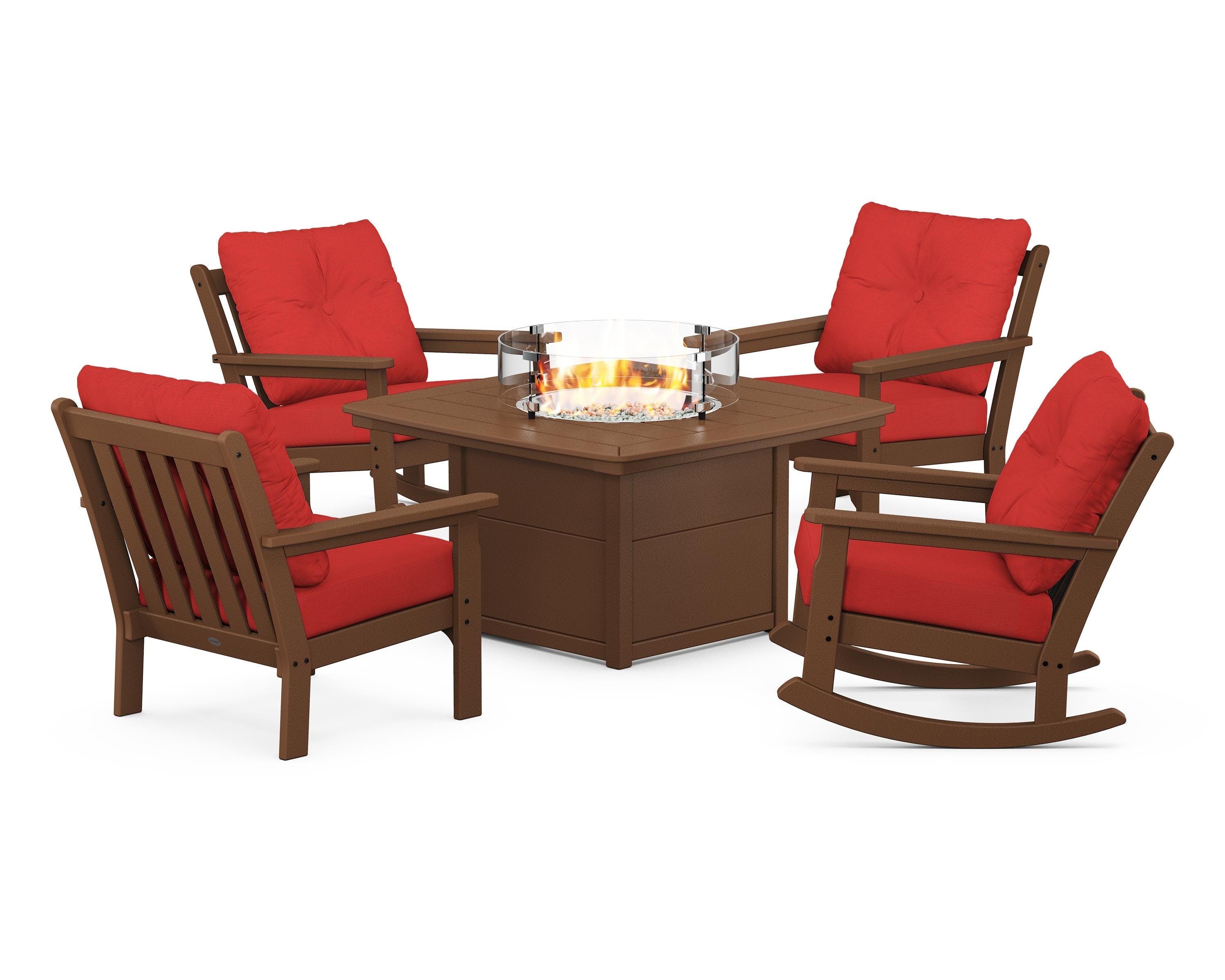 POLYWOOD® Vineyard 5-Piece Deep Seating Rocking Chair Conversation Set with Fire Pit Table in Teak / Crimson Linen