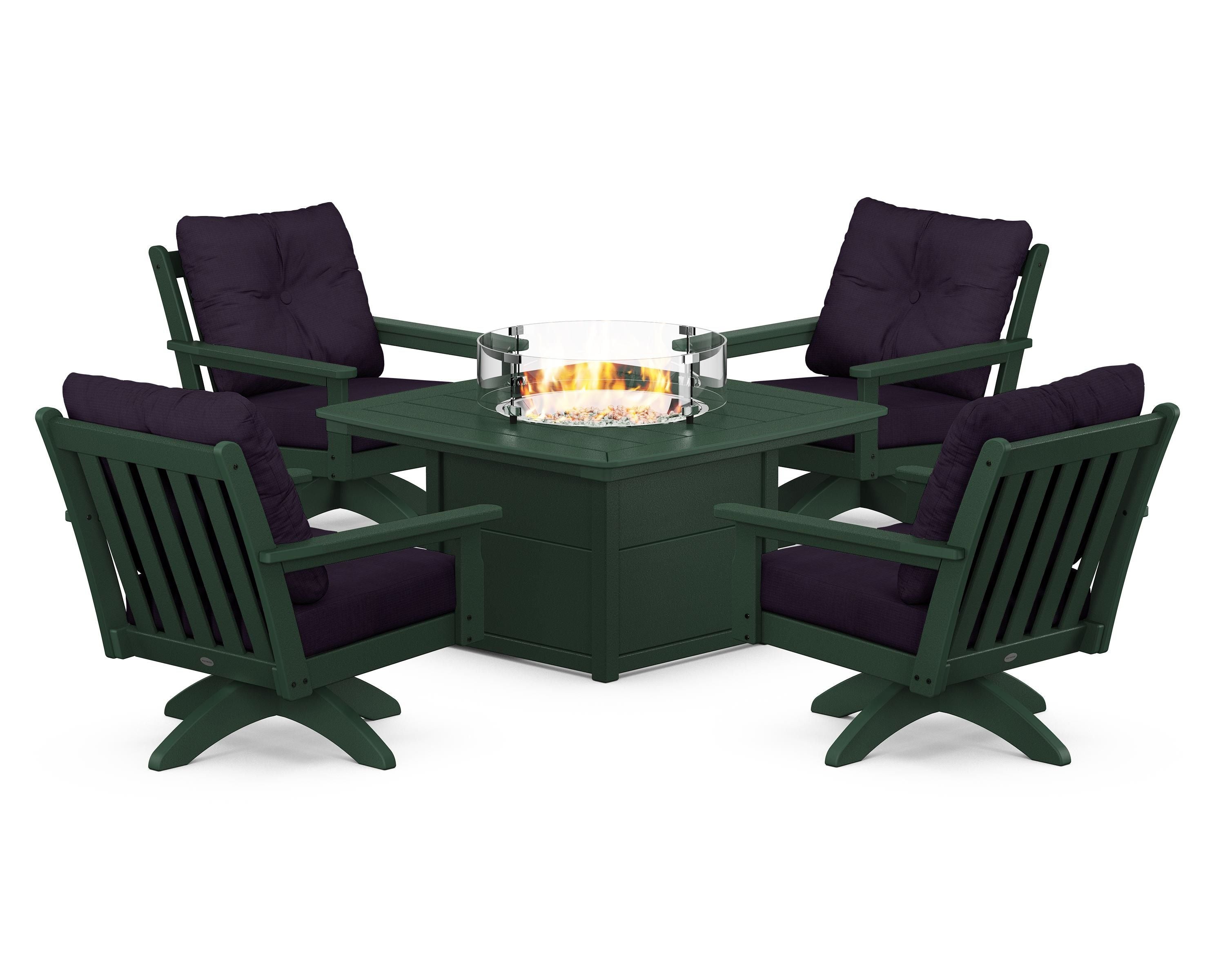 POLYWOOD® Vineyard 5-Piece Deep Seating Swivel Conversation Set with Fire Pit Table in Green / Navy Linen