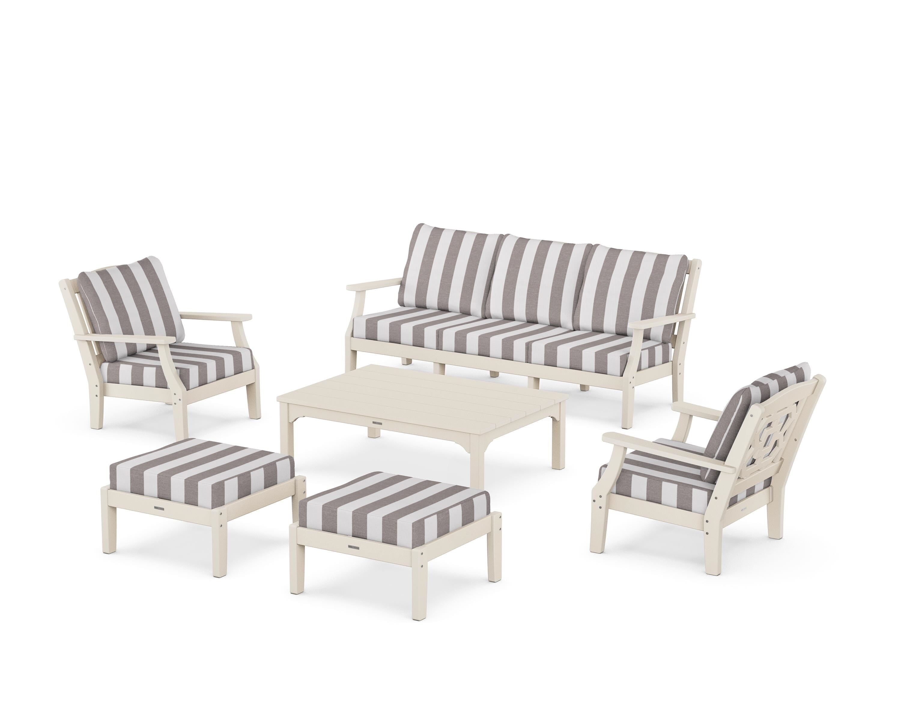 Martha Stewart by POLYWOOD® Chinoiserie 6-Piece Lounge Sofa Set in Sand / Cabana Stripe Grey Mist