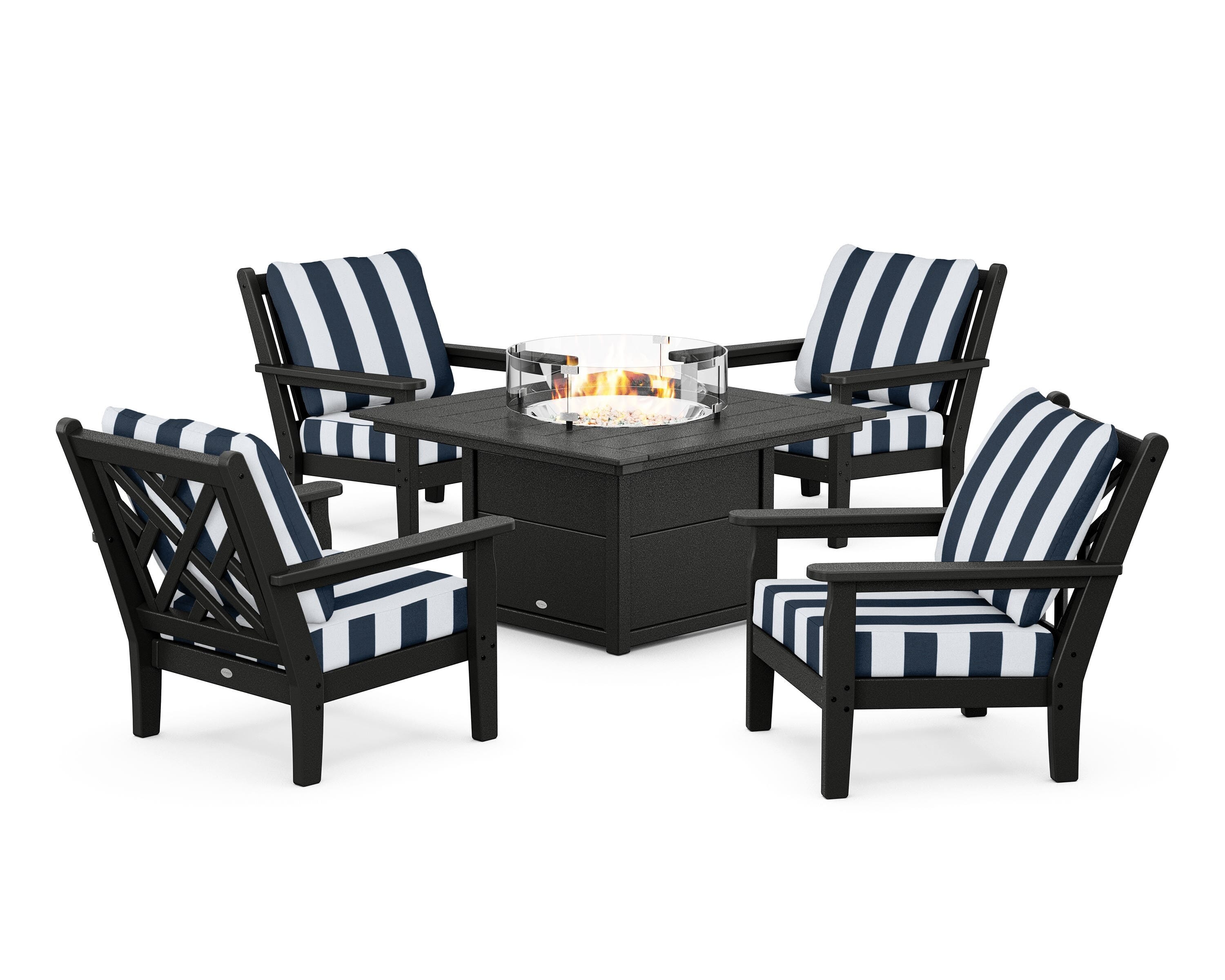 POLYWOOD® Chippendale 5-Piece Deep Seating Set with Fire Pit Table in Black / Cabana Stripe Marine Indigo