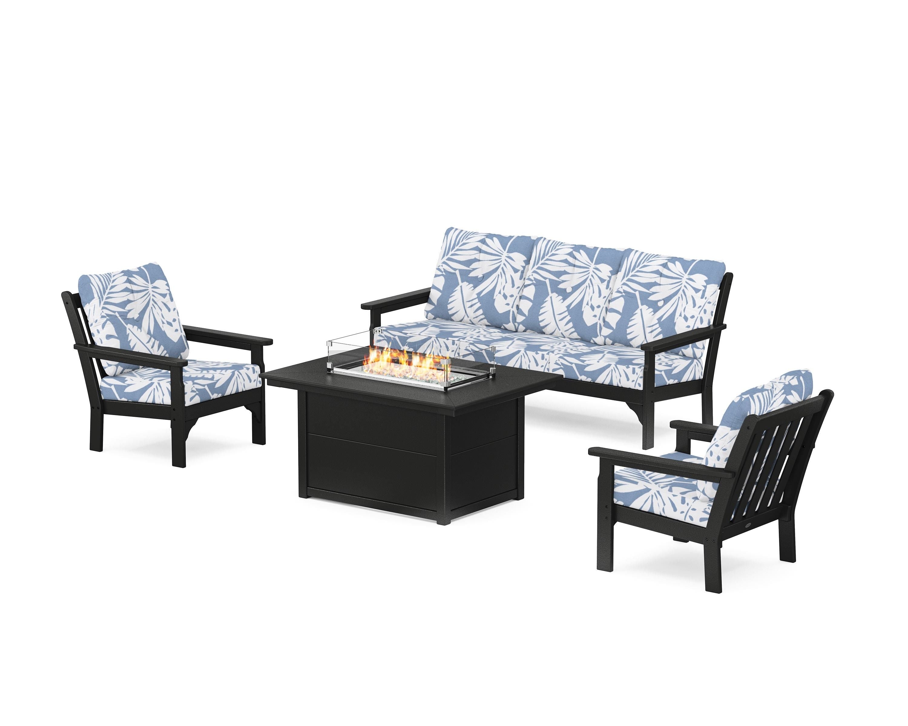 POLYWOOD® Vineyard Deep Seating Fire Pit Table Set in Black / Leaf Sky Blue