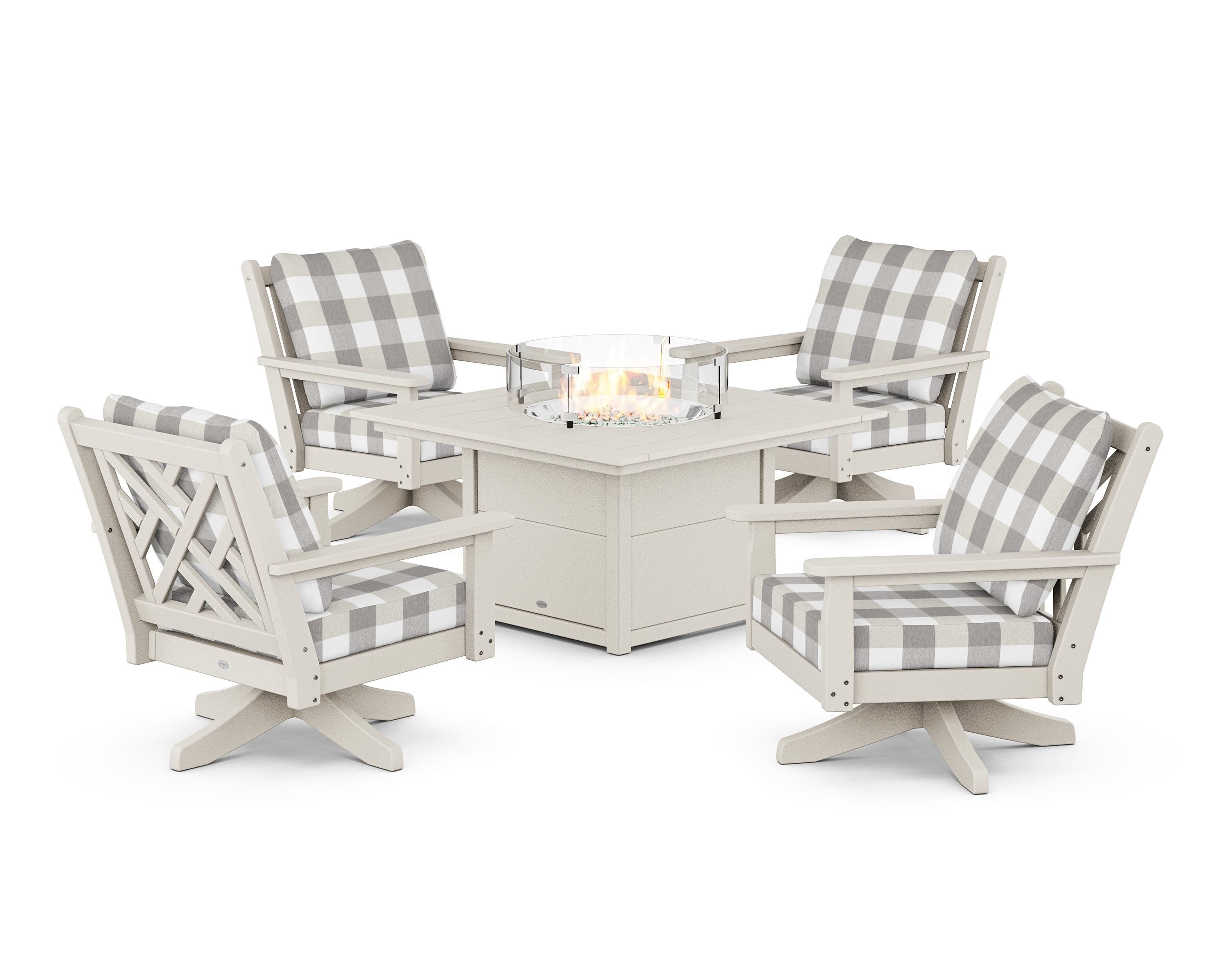 POLYWOOD® Chippendale 5-Piece Deep Seating Swivel Conversation Set with Fire Pit Table in Sand / Buffalo Plaid Grey Mist