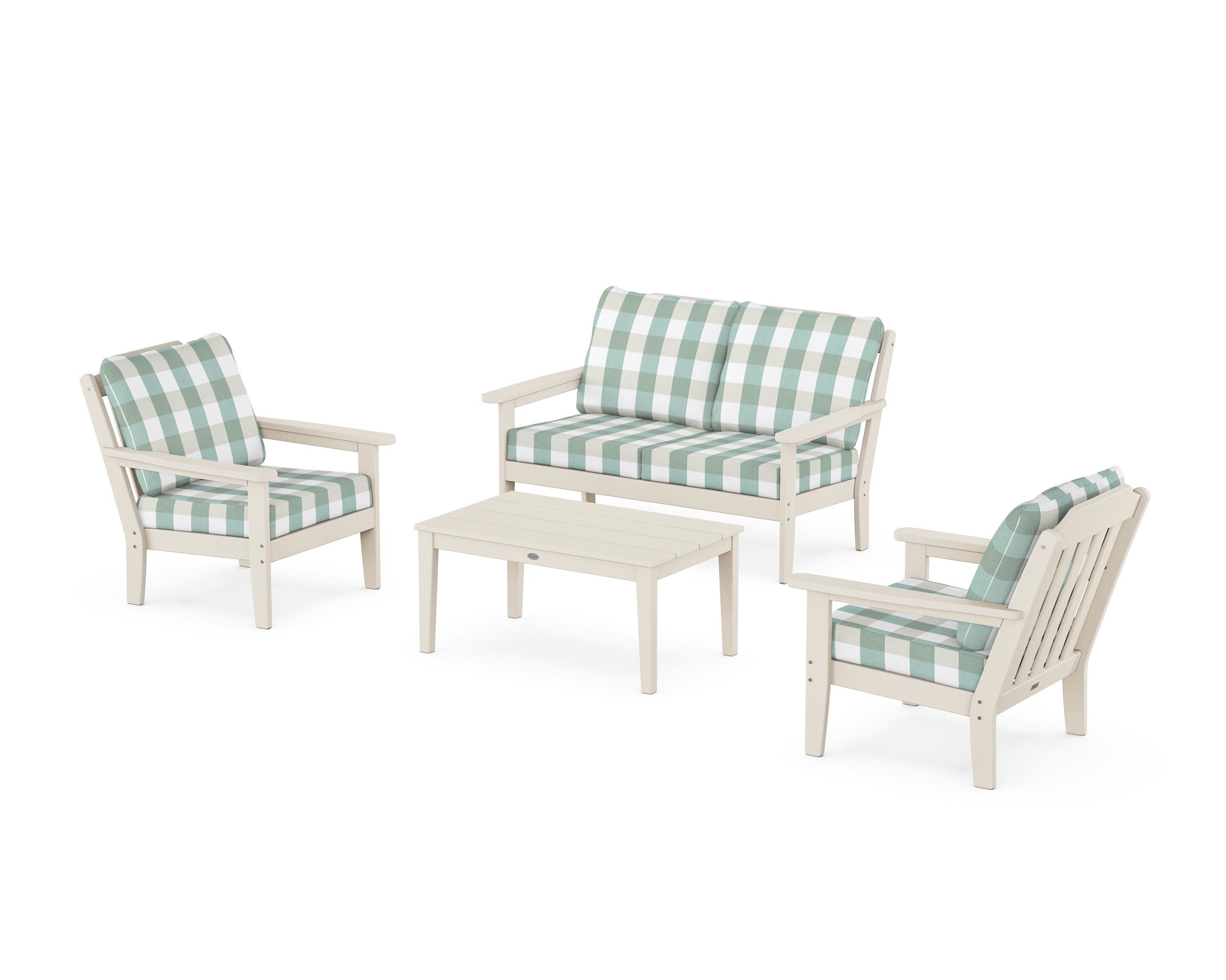 Country Living Cottage 4-Piece Deep Seating Set with Loveseat in Sand / Buffalo Plaid Glacier Spa