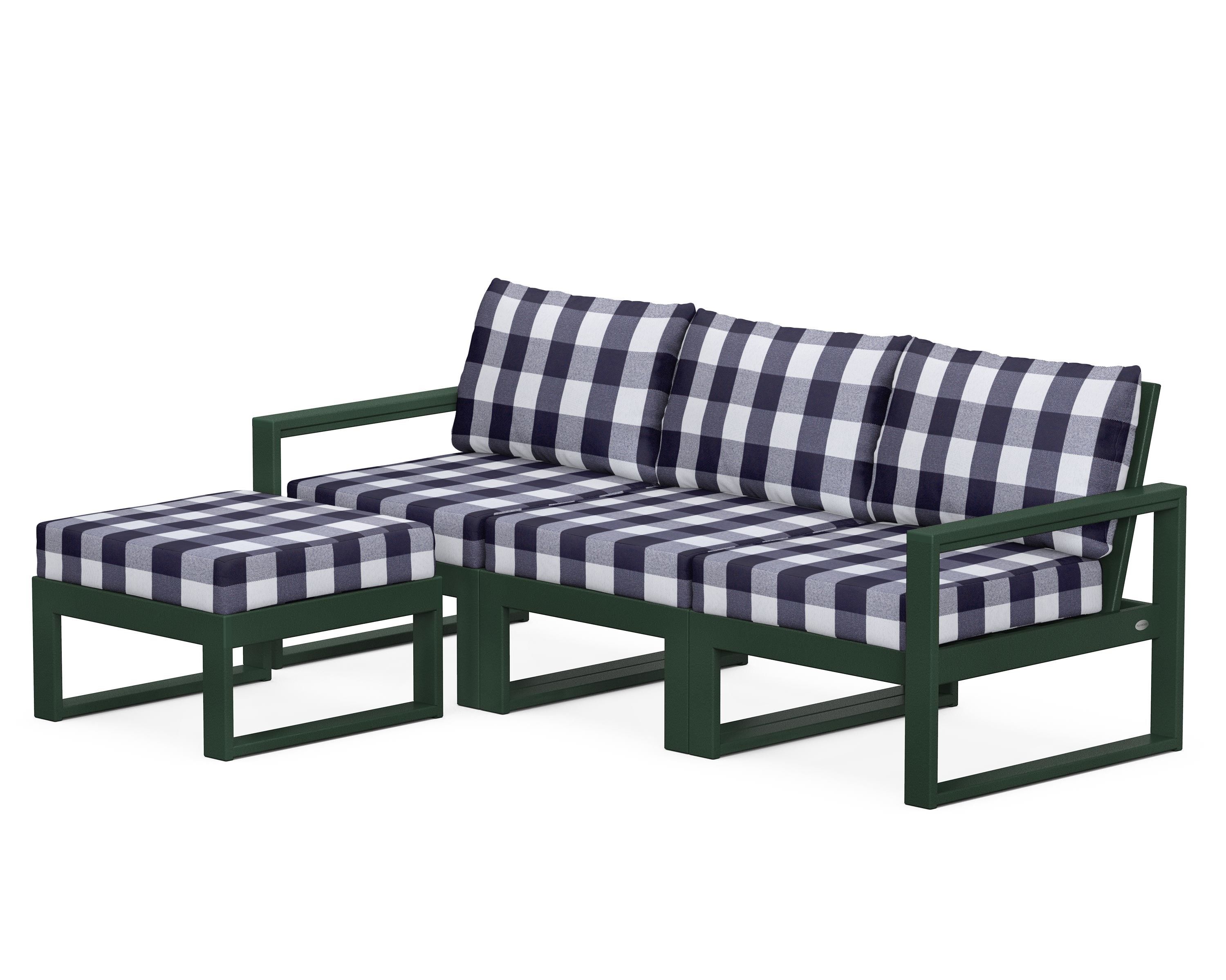 POLYWOOD® EDGE 4-Piece Modular Deep Seating Set with Ottoman in Green / Buffalo Plaid Navy