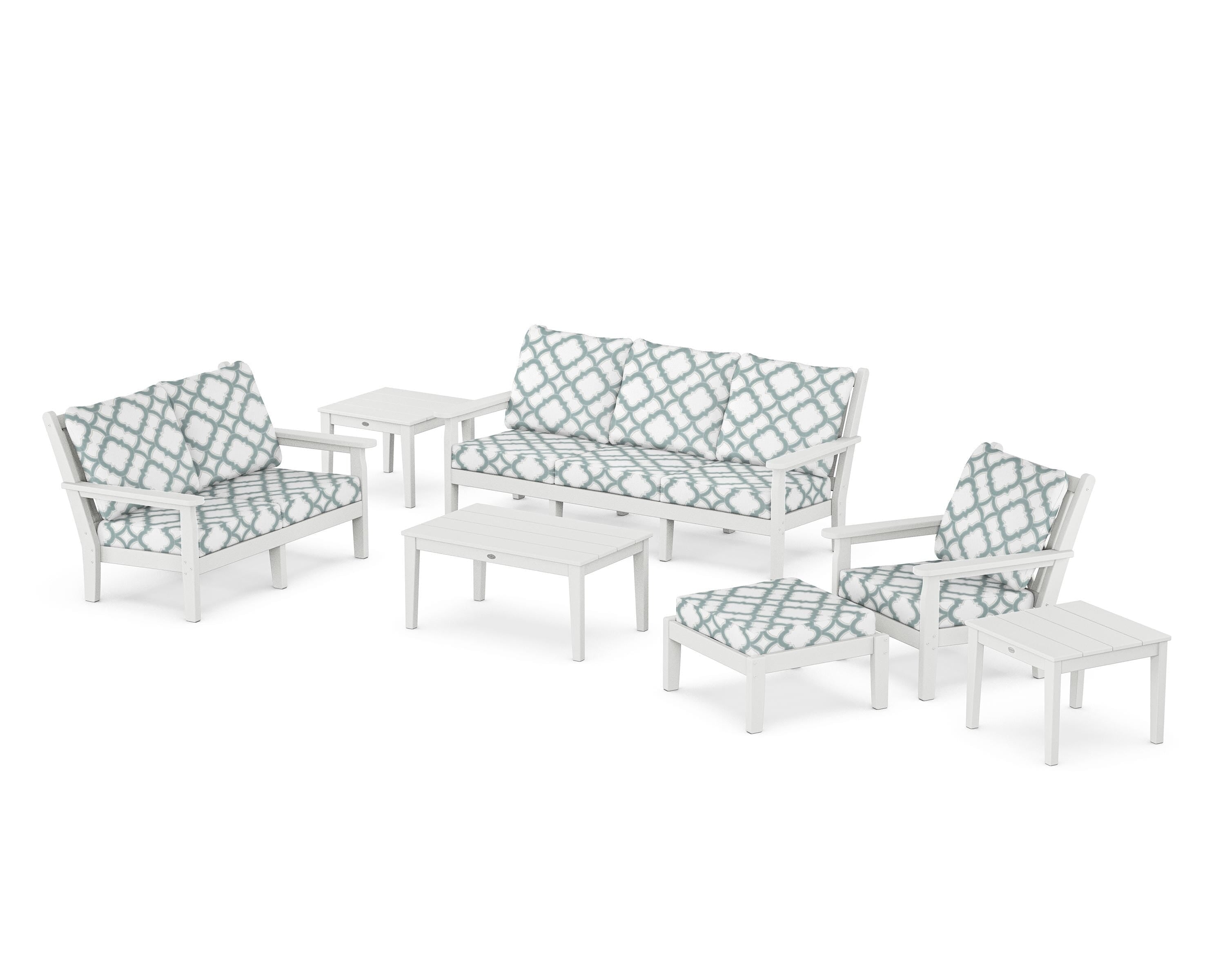 POLYWOOD® Chippendale 7-Piece Deep Seating Set in White / Trellis Glacier Spa