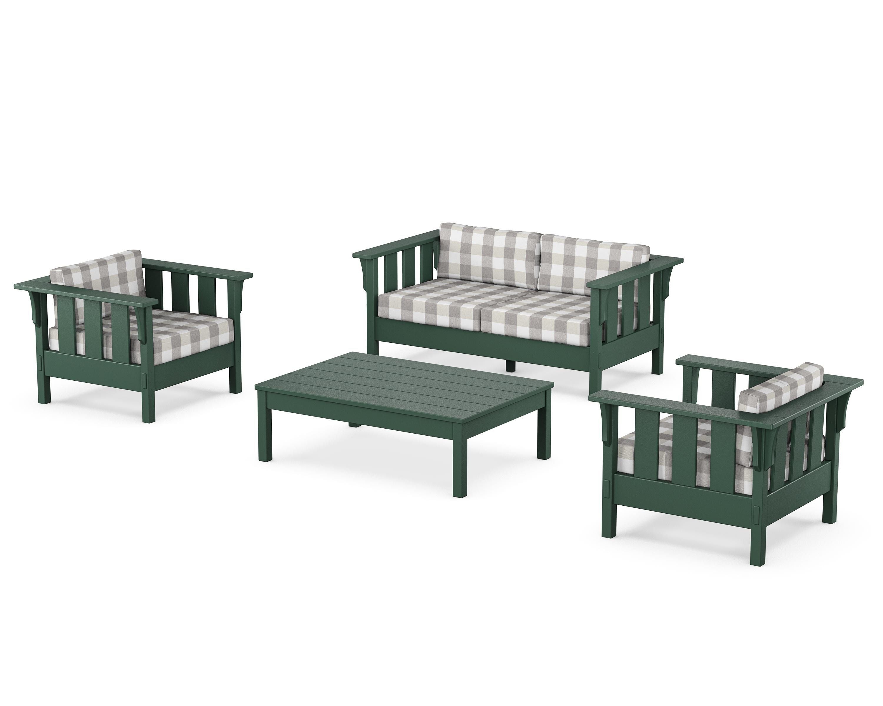 Martha Stewart by POLYWOOD® Acadia 4-Piece Deep Seating Set with Loveseat in Green / Buffalo Plaid Grey Mist
