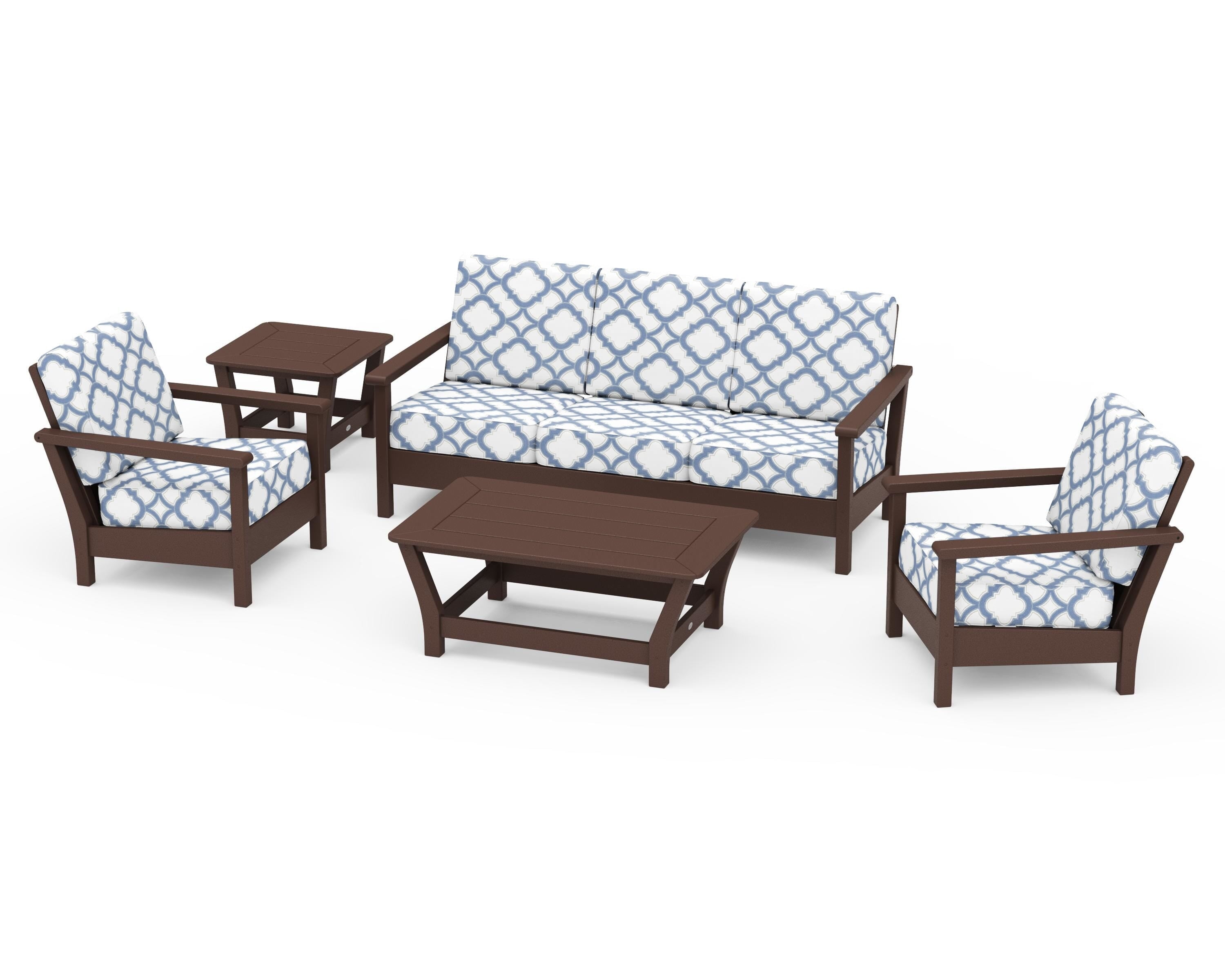 POLYWOOD® Harbour 5-Piece Deep Seating Set in Mahogany / Trellis Sky Blue