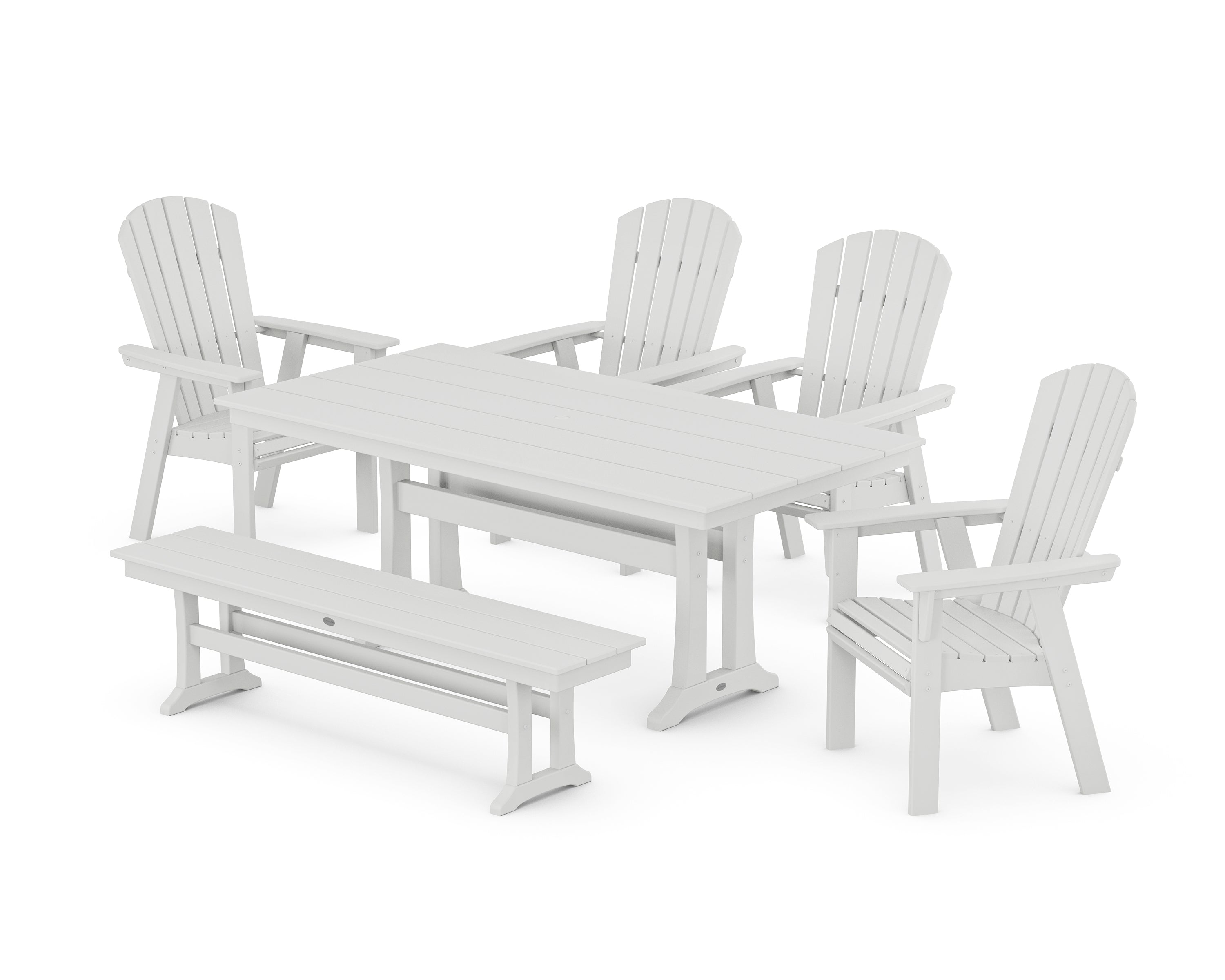 POLYWOOD® Nautical Curveback Adirondack 6-Piece Farmhouse Dining Set with Trestle Legs and Bench in White