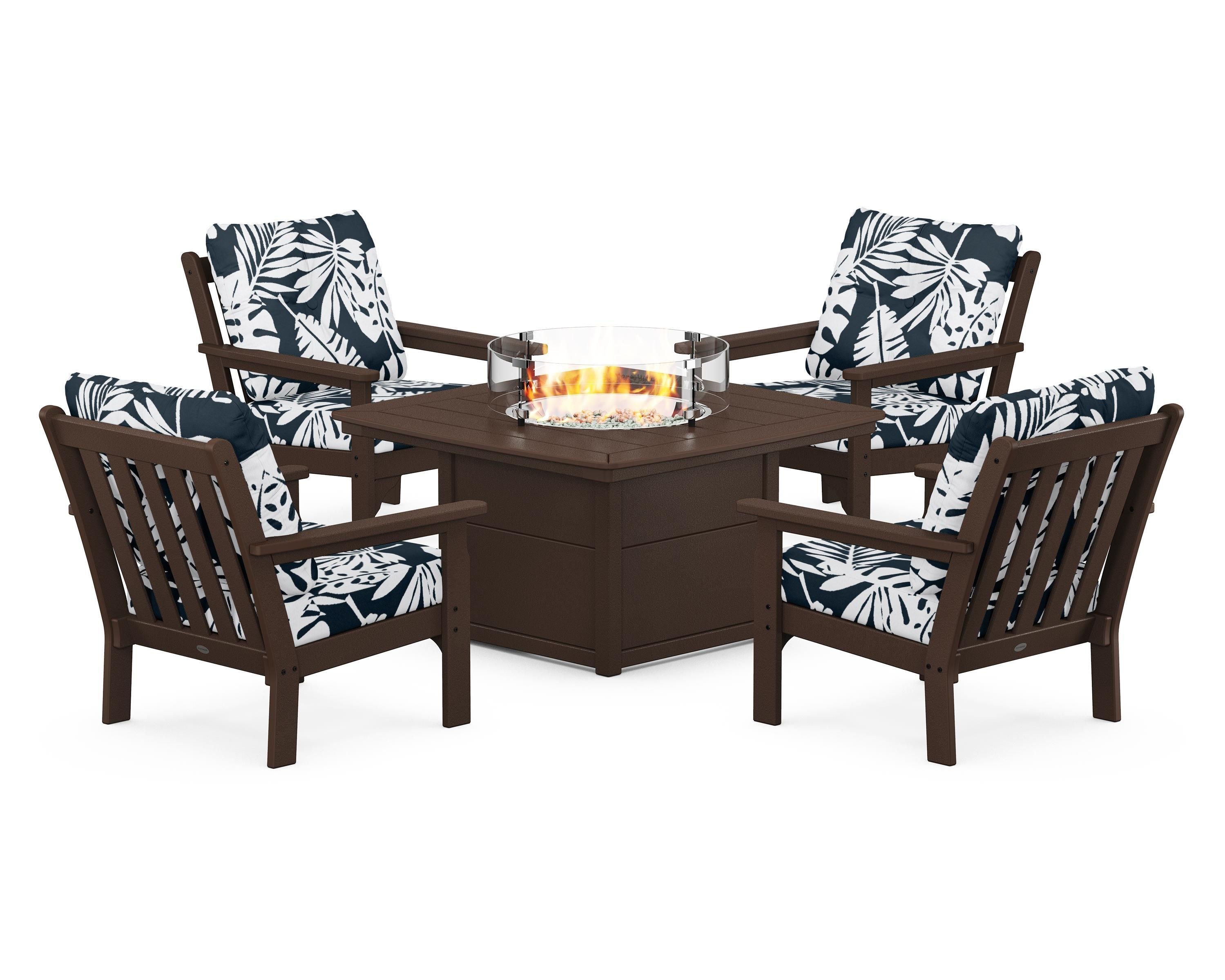 POLYWOOD® Vineyard 5-Piece Conversation Set with Fire Pit Table in Mahogany / Leaf Marine Indigo