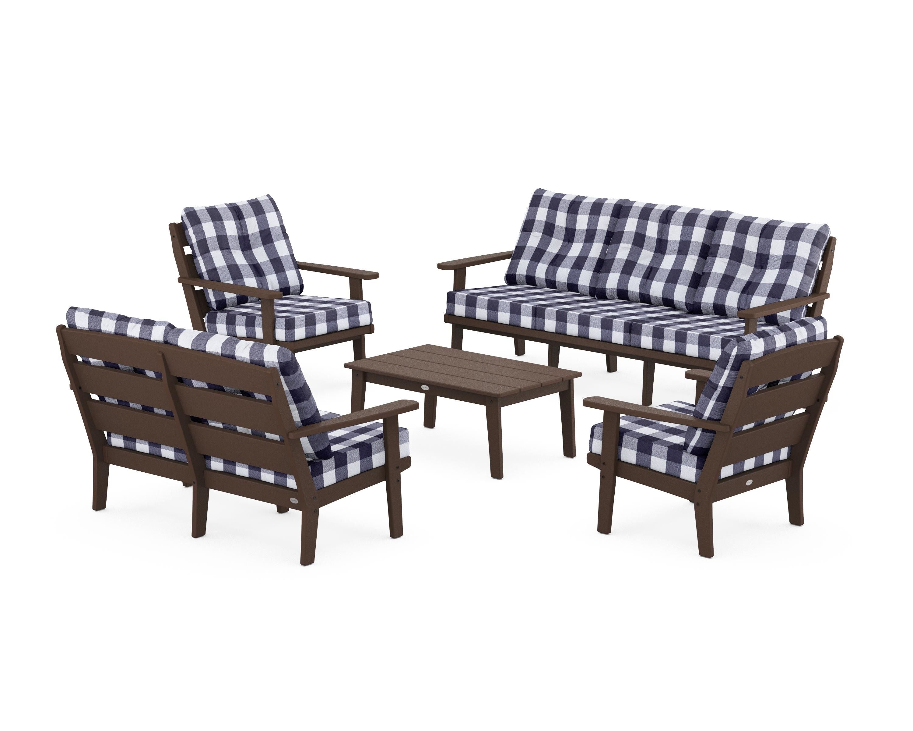 POLYWOOD® Lakeside 5-Piece Lounge Sofa Set in Mahogany / Buffalo Plaid Navy
