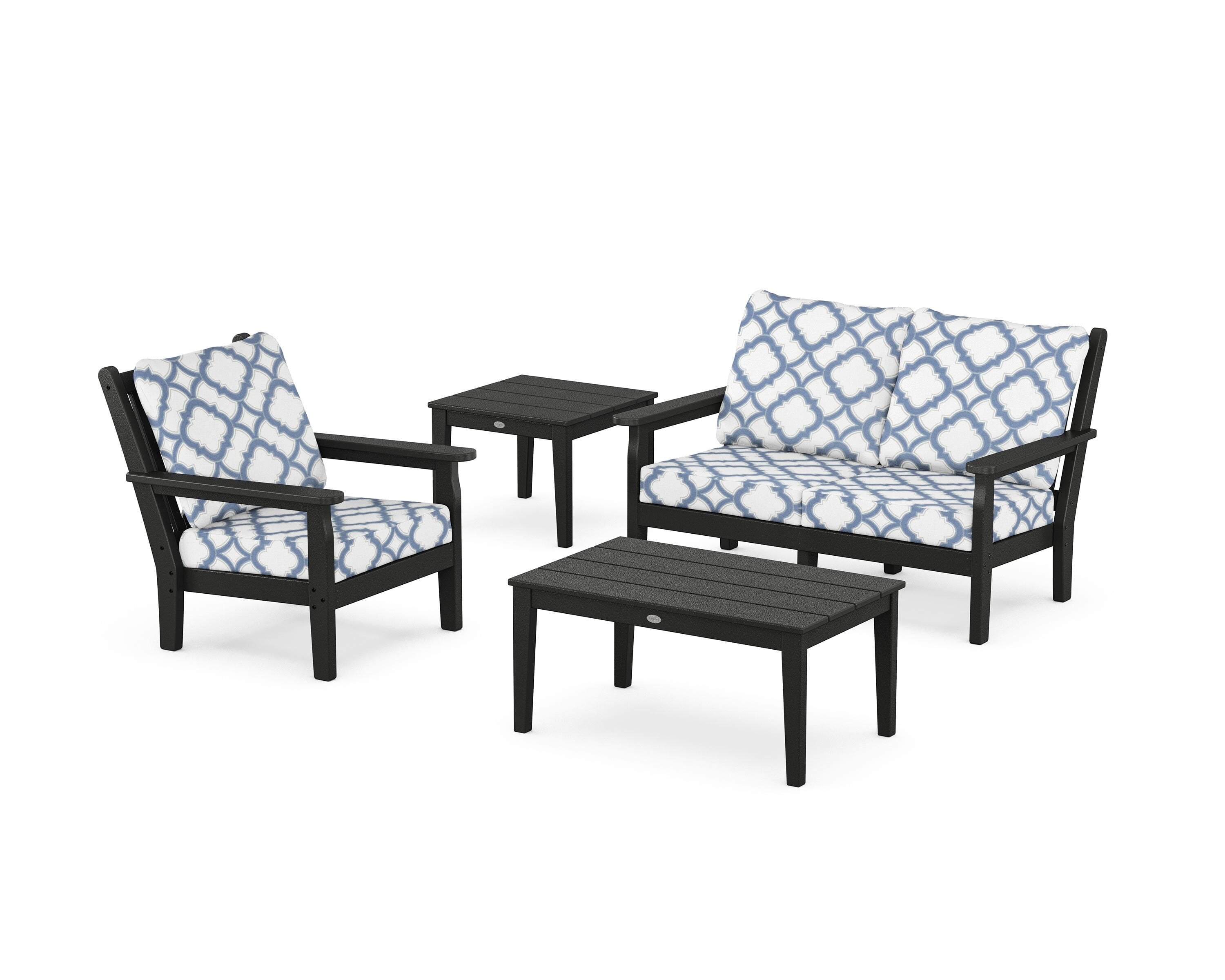 POLYWOOD® Chippendale 4-Piece Deep Seating Set in Black / Trellis Sky Blue